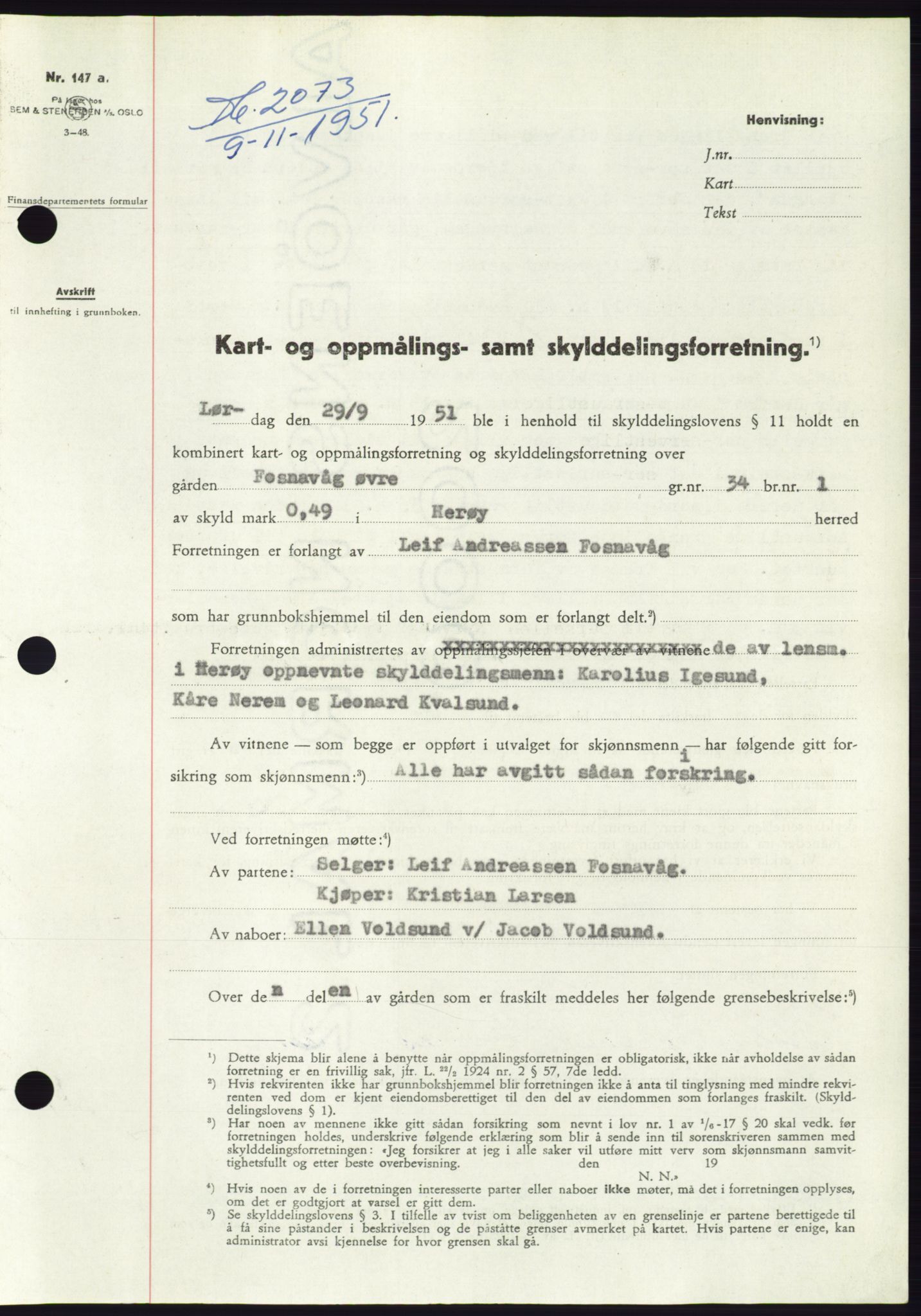 Søre Sunnmøre sorenskriveri, AV/SAT-A-4122/1/2/2C/L0090: Pantebok nr. 16A, 1951-1951, Dagboknr: 2073/1951