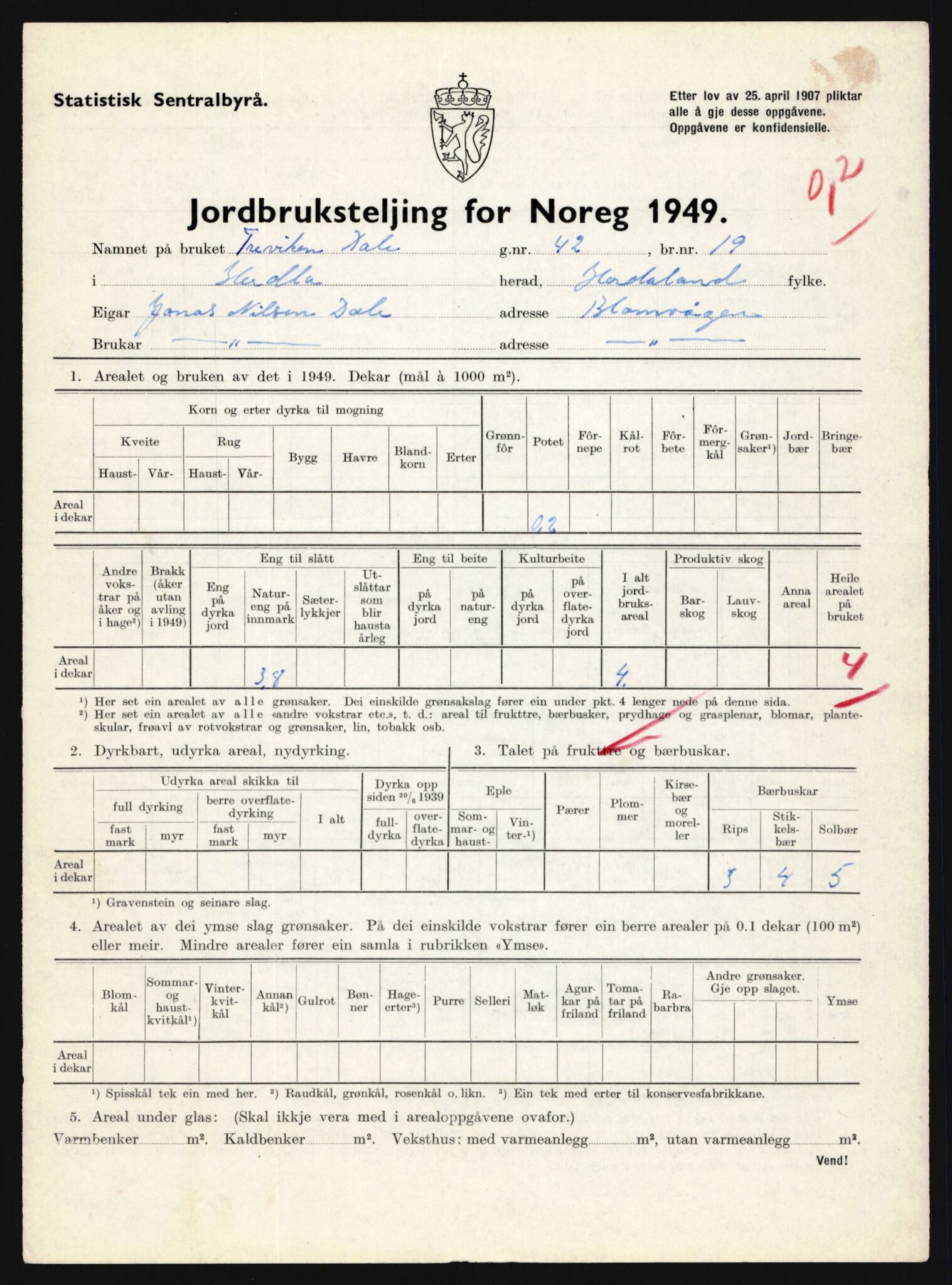 Statistisk sentralbyrå, Næringsøkonomiske emner, Jordbruk, skogbruk, jakt, fiske og fangst, AV/RA-S-2234/G/Gc/L0276: Hordaland: Herdla og Hjelme, 1949, s. 112