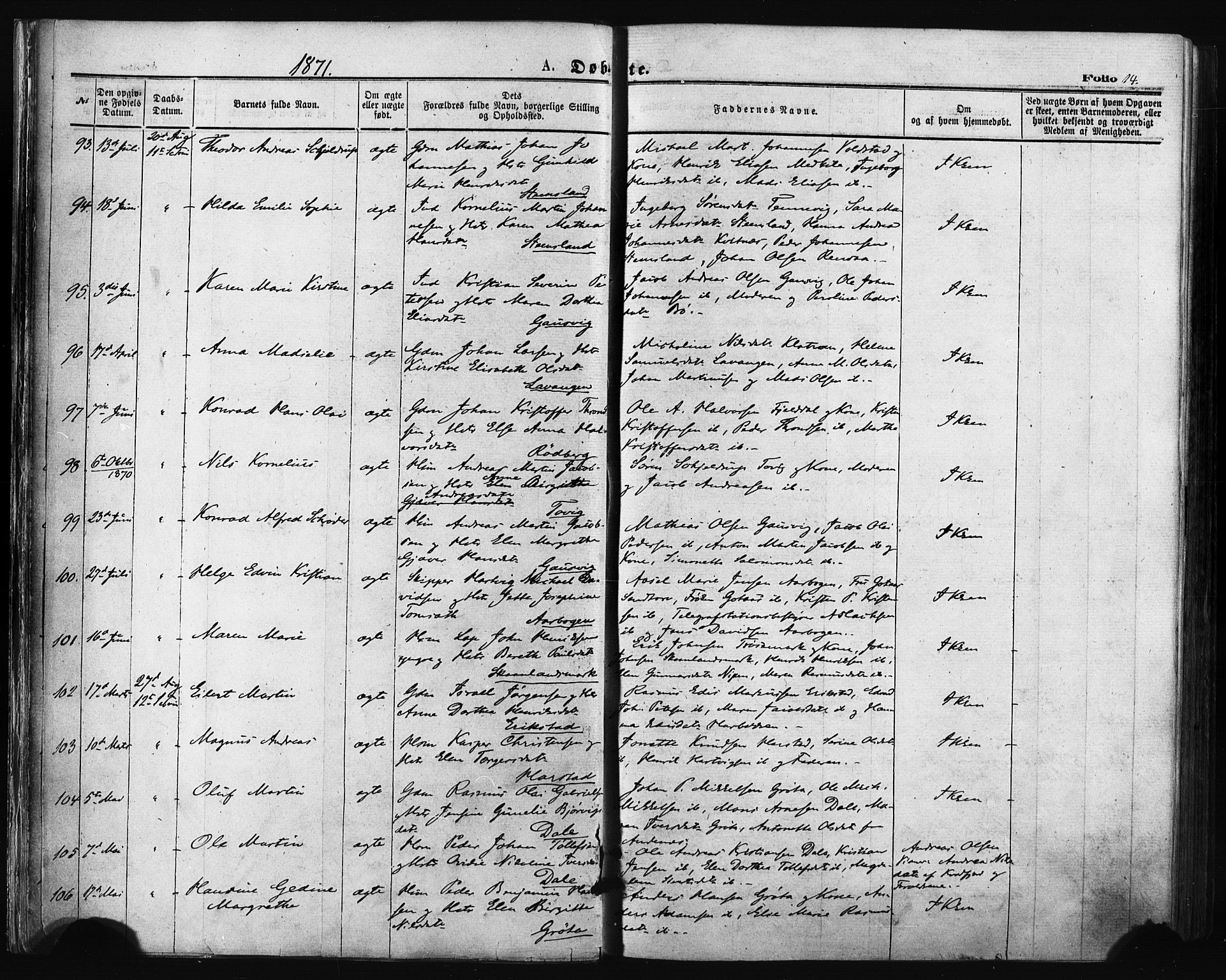 Trondenes sokneprestkontor, AV/SATØ-S-1319/H/Ha/L0013kirke: Ministerialbok nr. 13, 1870-1878, s. 14