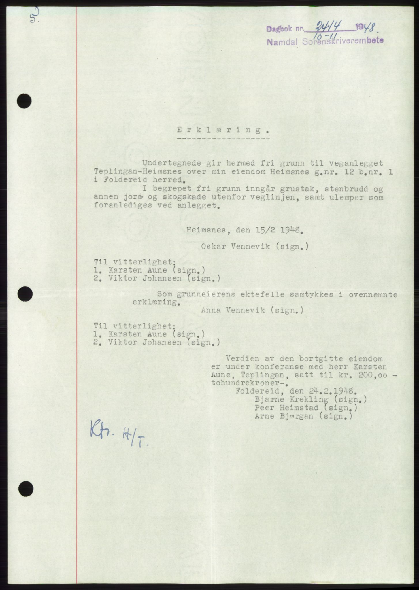 Namdal sorenskriveri, SAT/A-4133/1/2/2C: Pantebok nr. -, 1948-1948, Dagboknr: 2414/1948