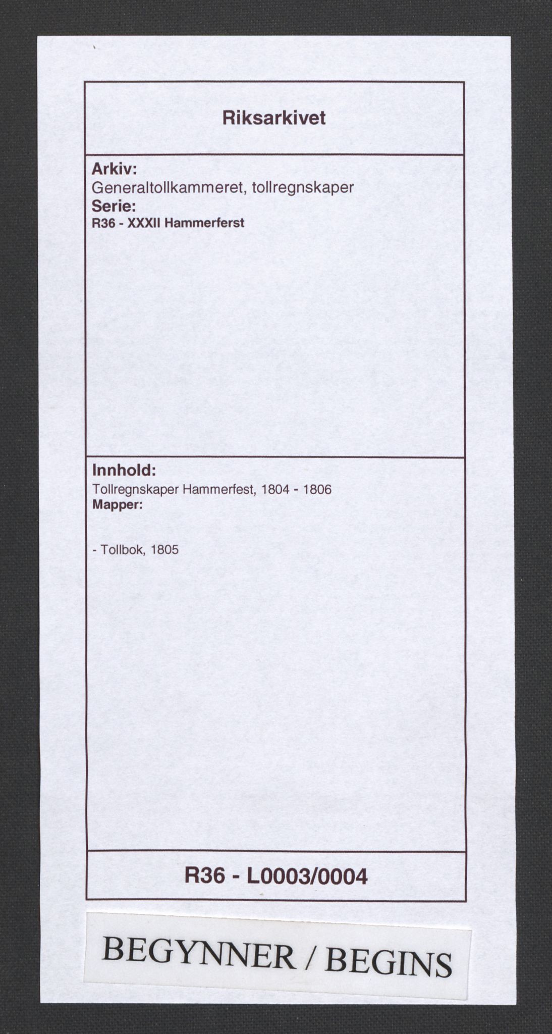 Generaltollkammeret, tollregnskaper, RA/EA-5490/R36/L0003/0004: Tollregnskaper Hammerfest / Tollbok, 1805