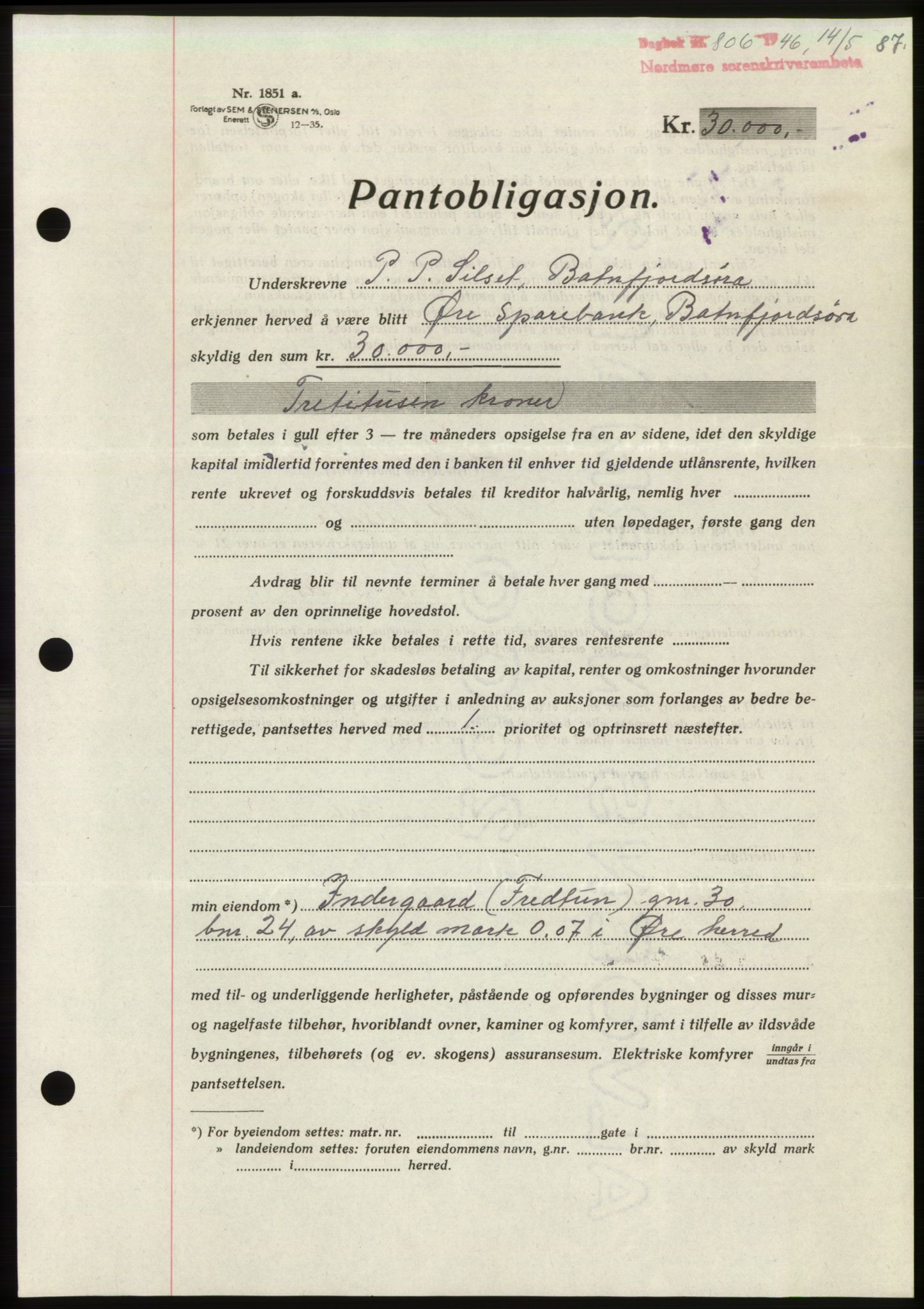 Nordmøre sorenskriveri, AV/SAT-A-4132/1/2/2Ca: Pantebok nr. B94, 1946-1946, Dagboknr: 806/1946