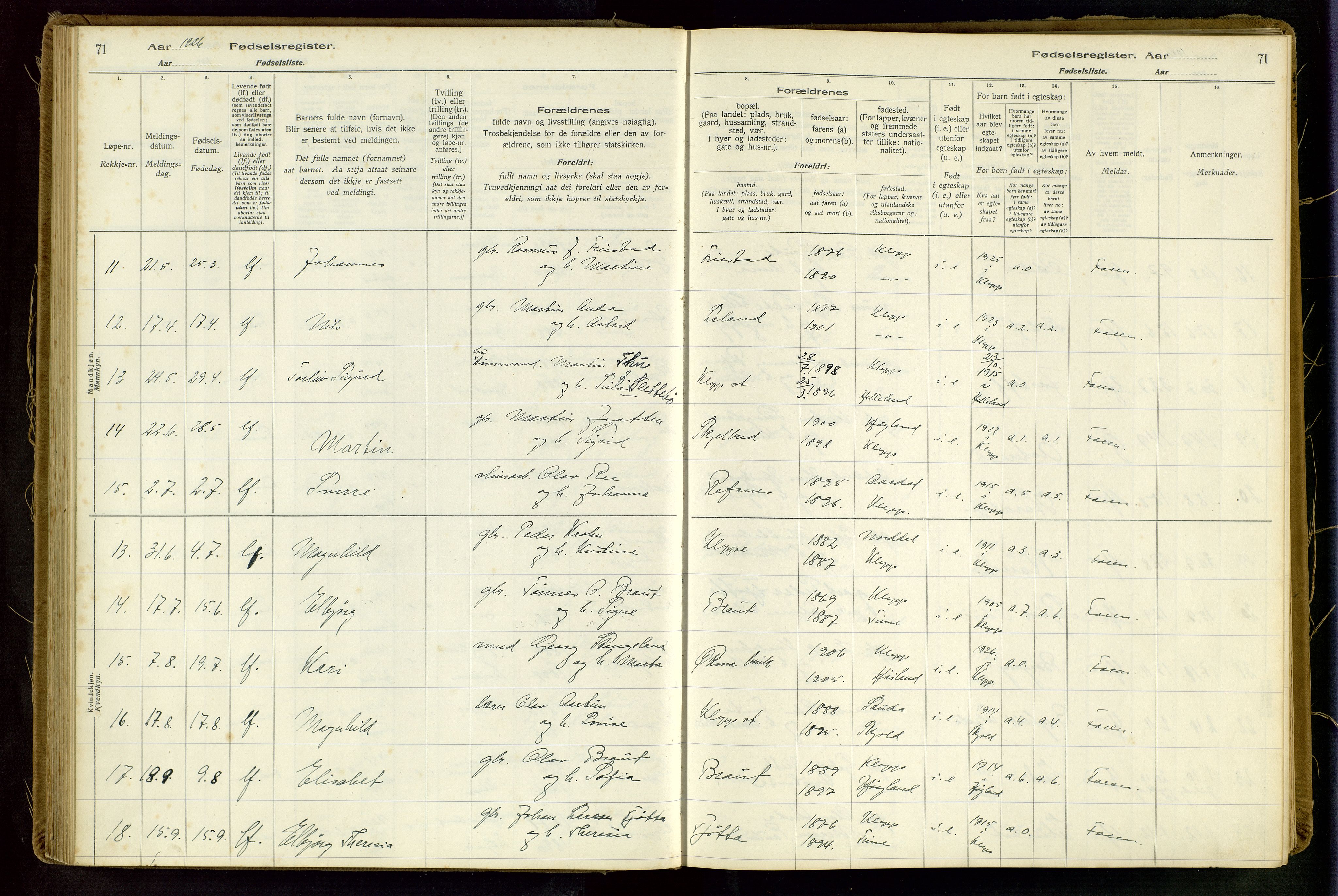 Klepp sokneprestkontor, AV/SAST-A-101803/001/704BAA/L0001: Fødselsregister nr. 1, 1916-1948, s. 71