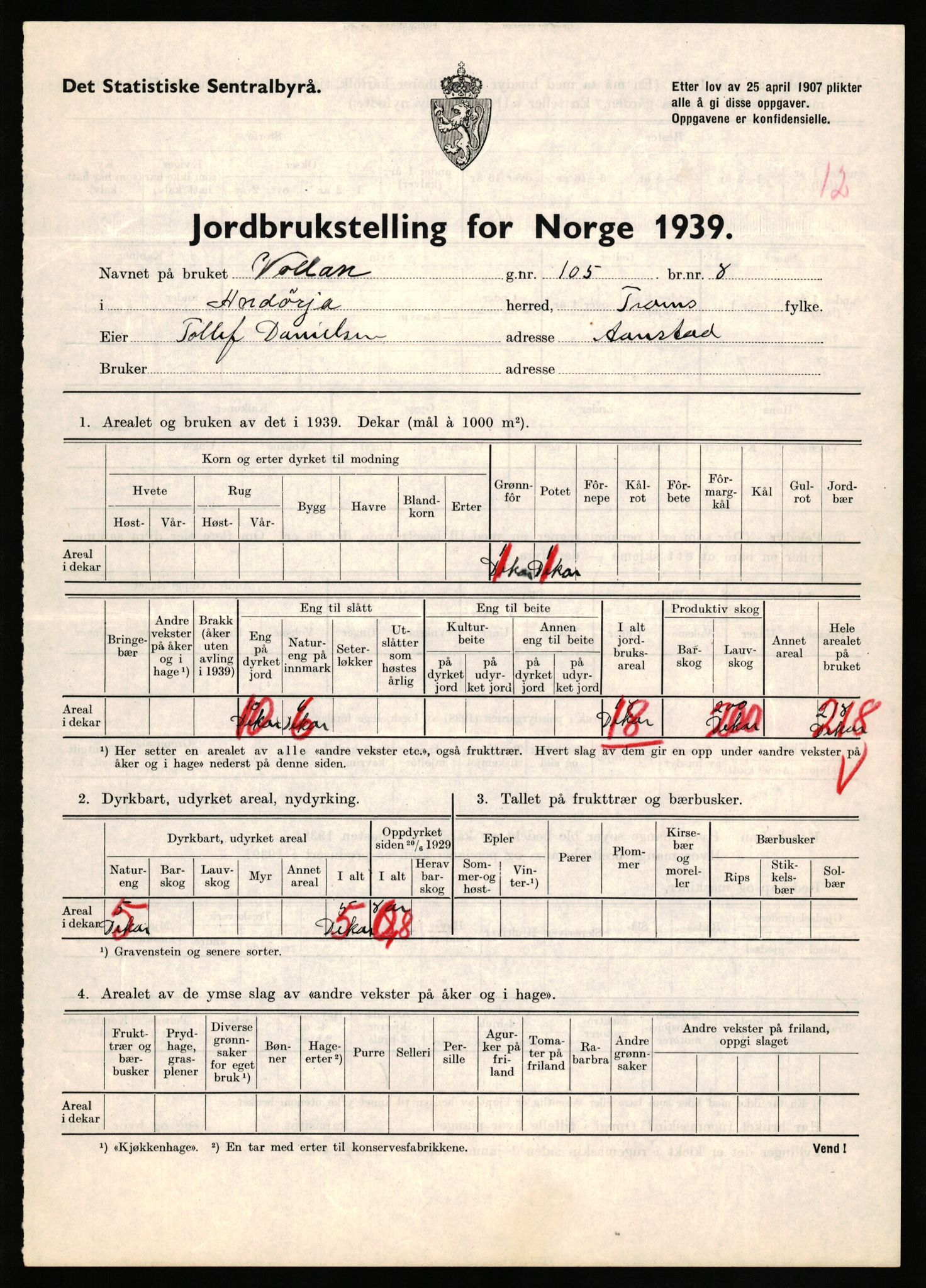 Statistisk sentralbyrå, Næringsøkonomiske emner, Jordbruk, skogbruk, jakt, fiske og fangst, AV/RA-S-2234/G/Gb/L0339: Troms: Andørja, Astafjord og Lavangen, 1939, s. 506