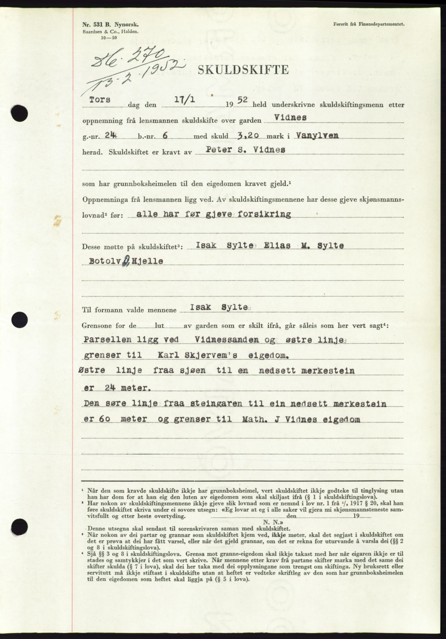 Søre Sunnmøre sorenskriveri, SAT/A-4122/1/2/2C/L0091: Pantebok nr. 17A, 1951-1952, Dagboknr: 270/1952