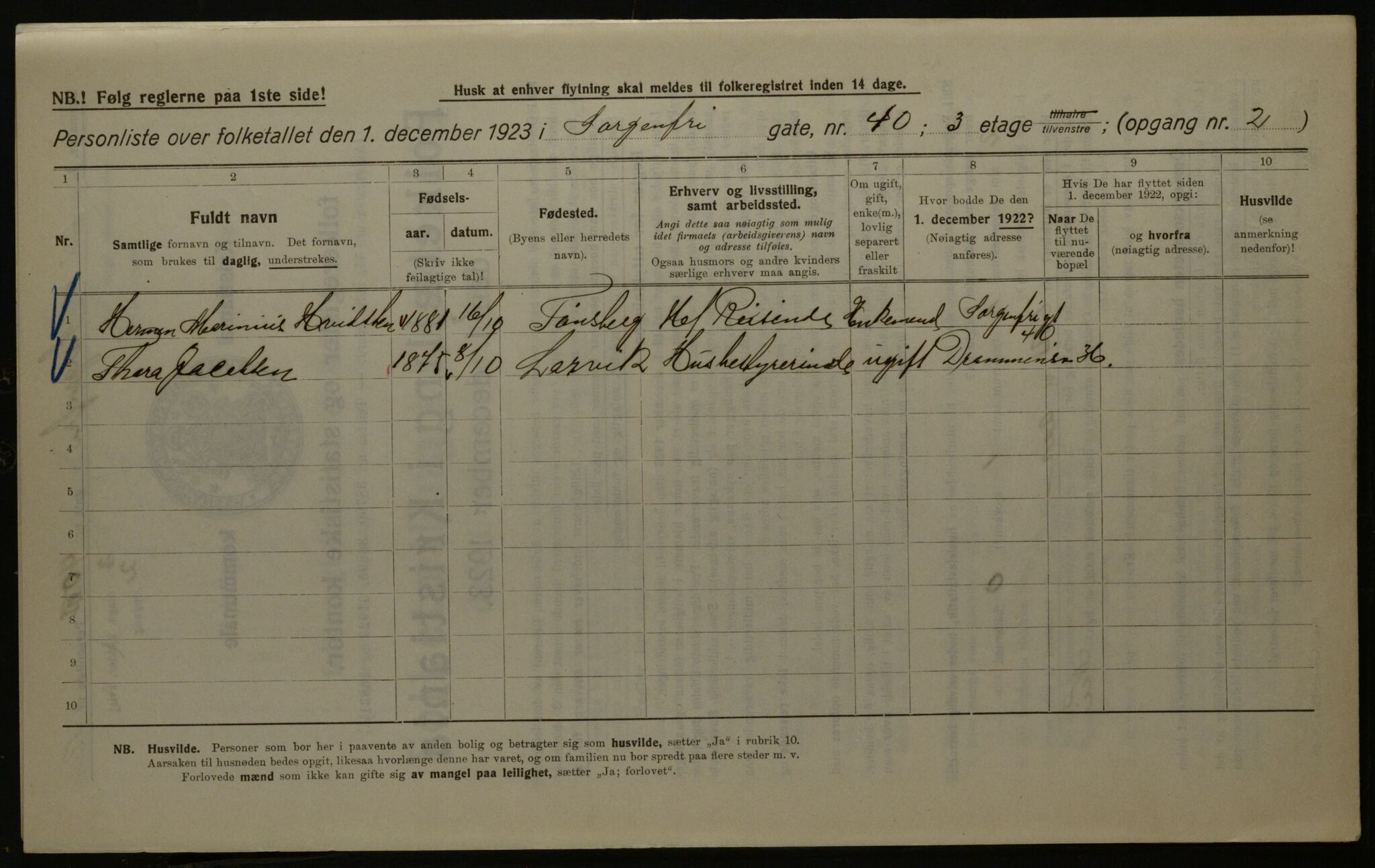 OBA, Kommunal folketelling 1.12.1923 for Kristiania, 1923, s. 110885