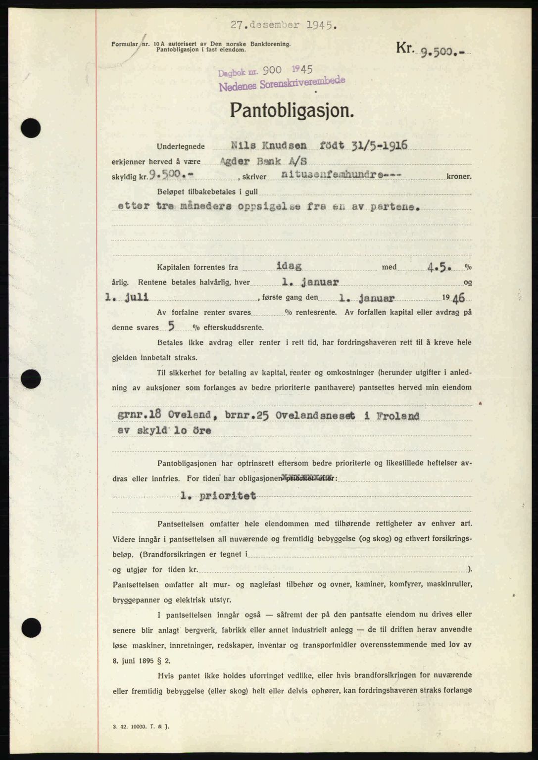 Nedenes sorenskriveri, SAK/1221-0006/G/Gb/Gbb/L0003: Pantebok nr. B3a, 1945-1945, Dagboknr: 900/1945