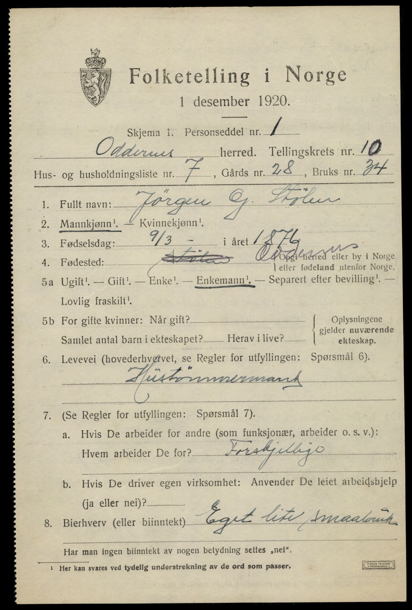SAK, Folketelling 1920 for 1012 Oddernes herred, 1920, s. 6435