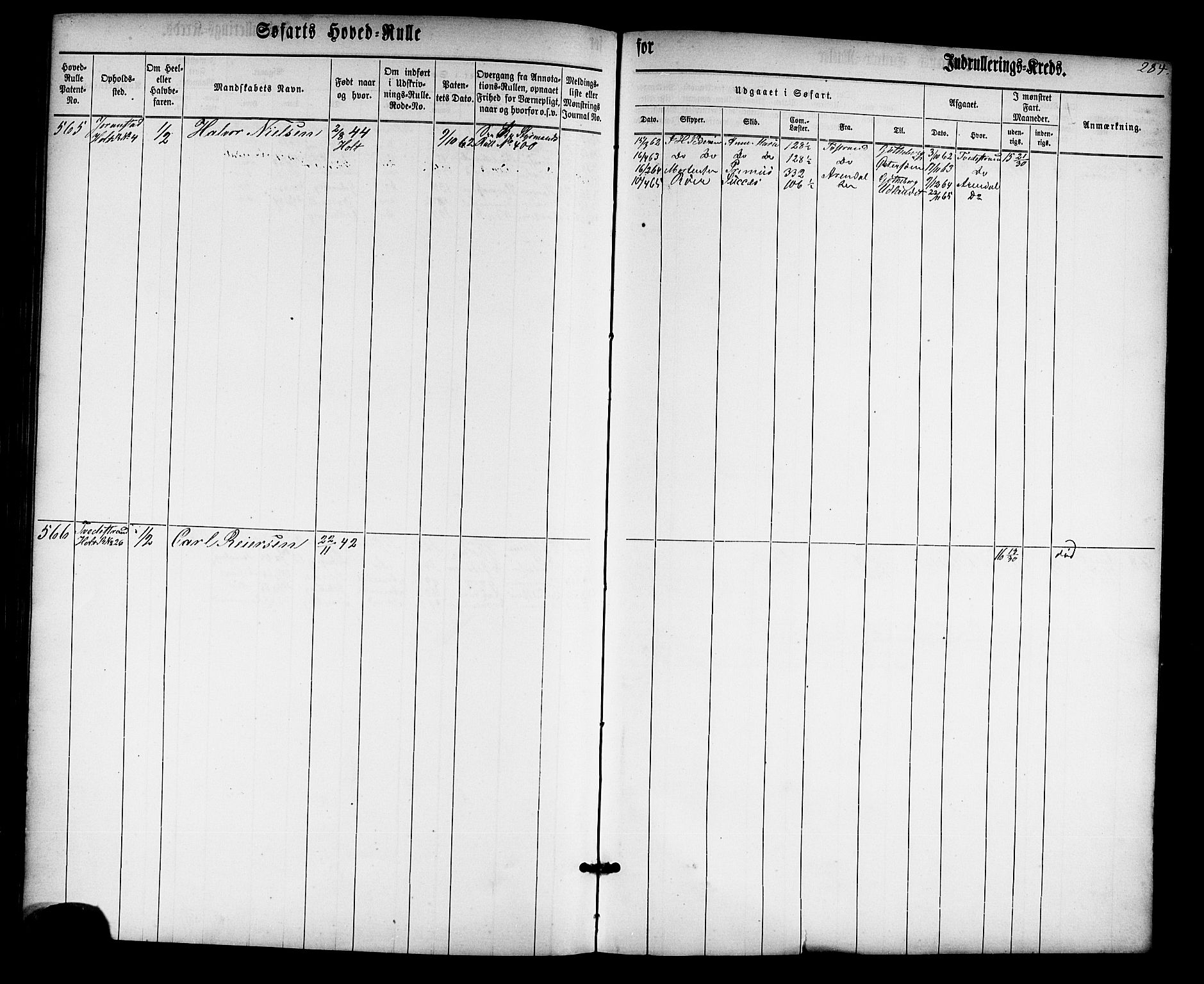 Tvedestrand mønstringskrets, SAK/2031-0011/F/Fb/L0012: Hovedrulle nr 1-574, U-28, 1860-1870, s. 292