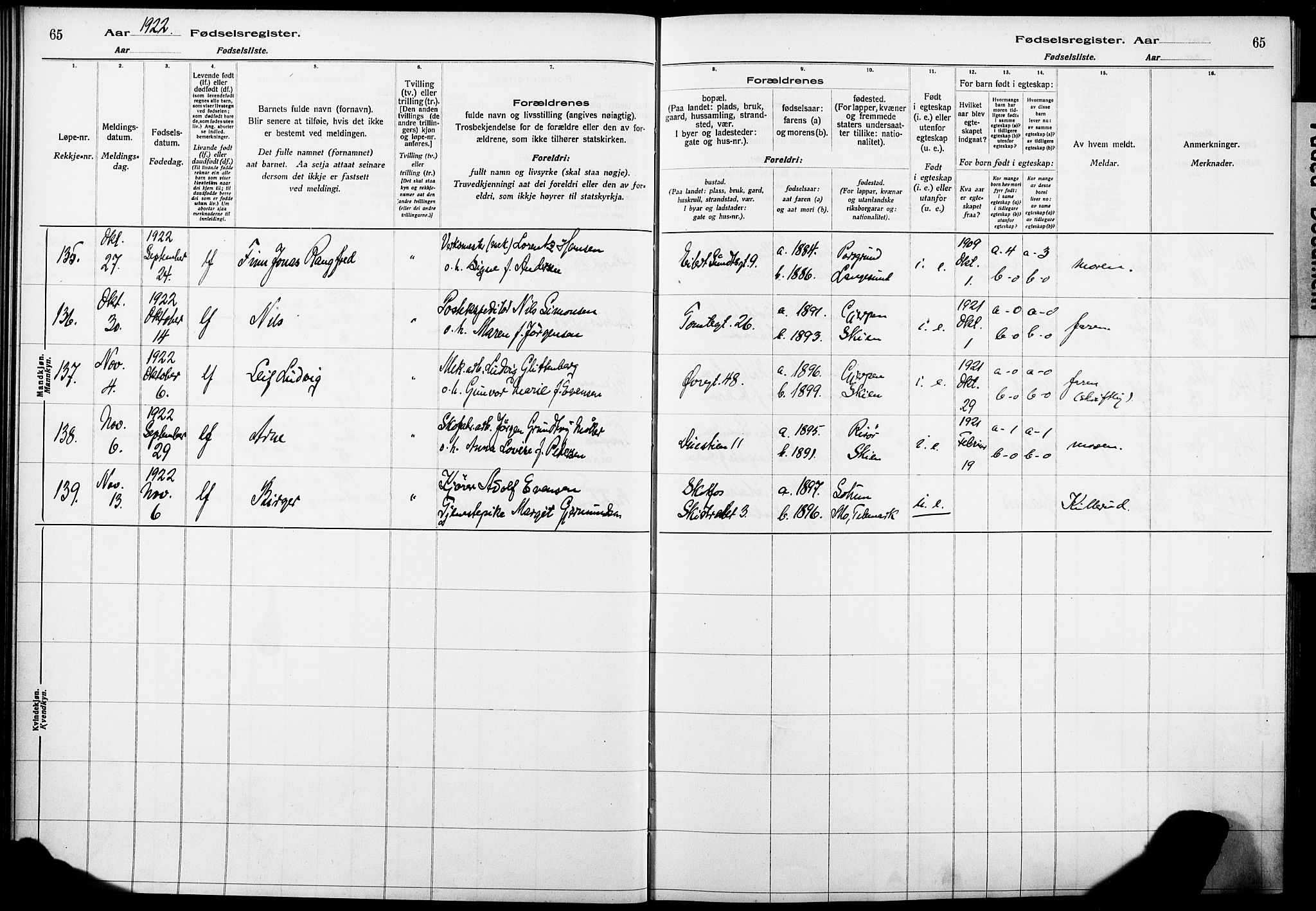 Skien kirkebøker, AV/SAKO-A-302/J/Ja/L0002: Fødselsregister nr. 2, 1921-1927, s. 65