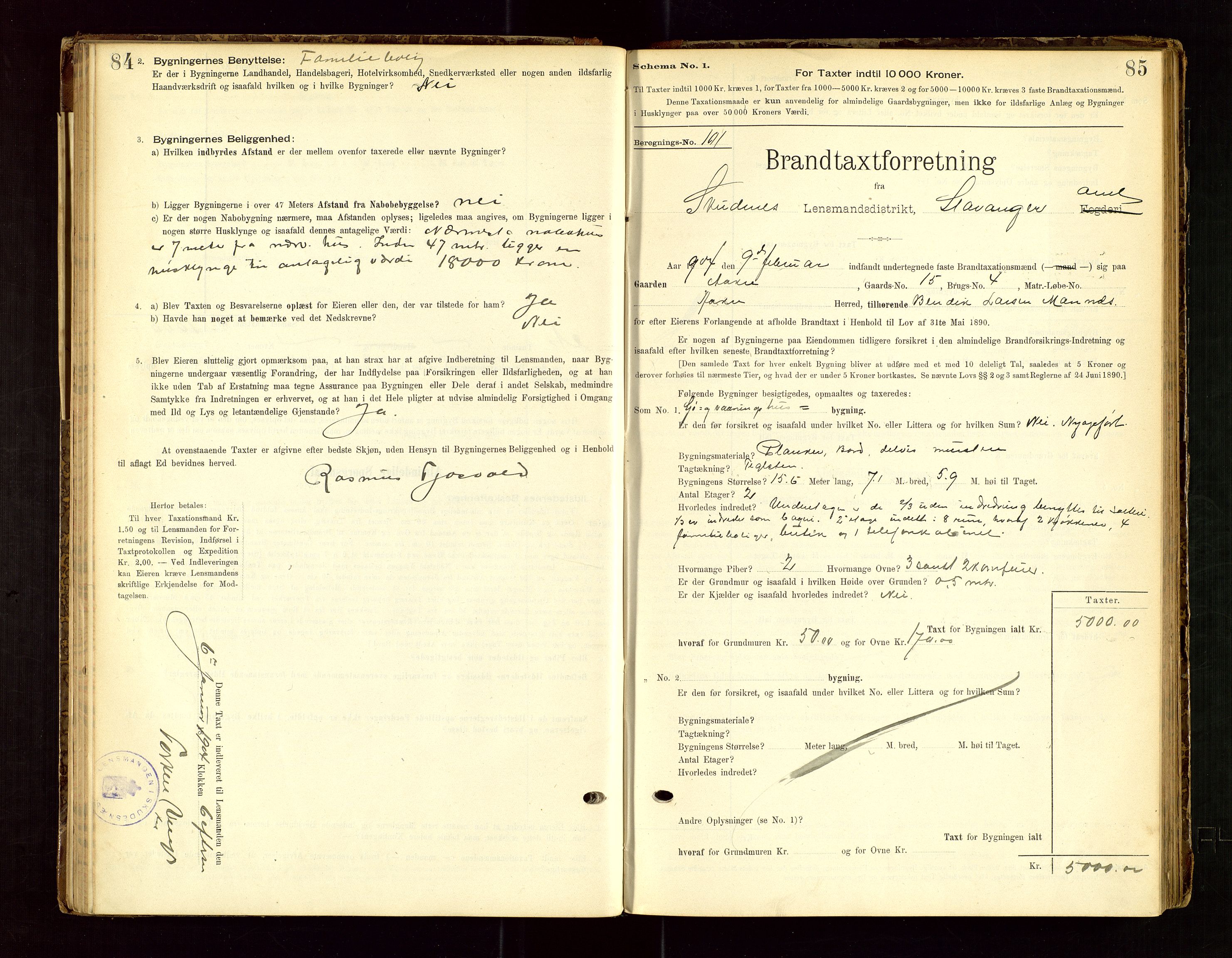 Skudenes lensmannskontor, SAST/A-100444/Gob/L0001: "Brandtaxationsprotokoll", 1895-1924, s. 84-85