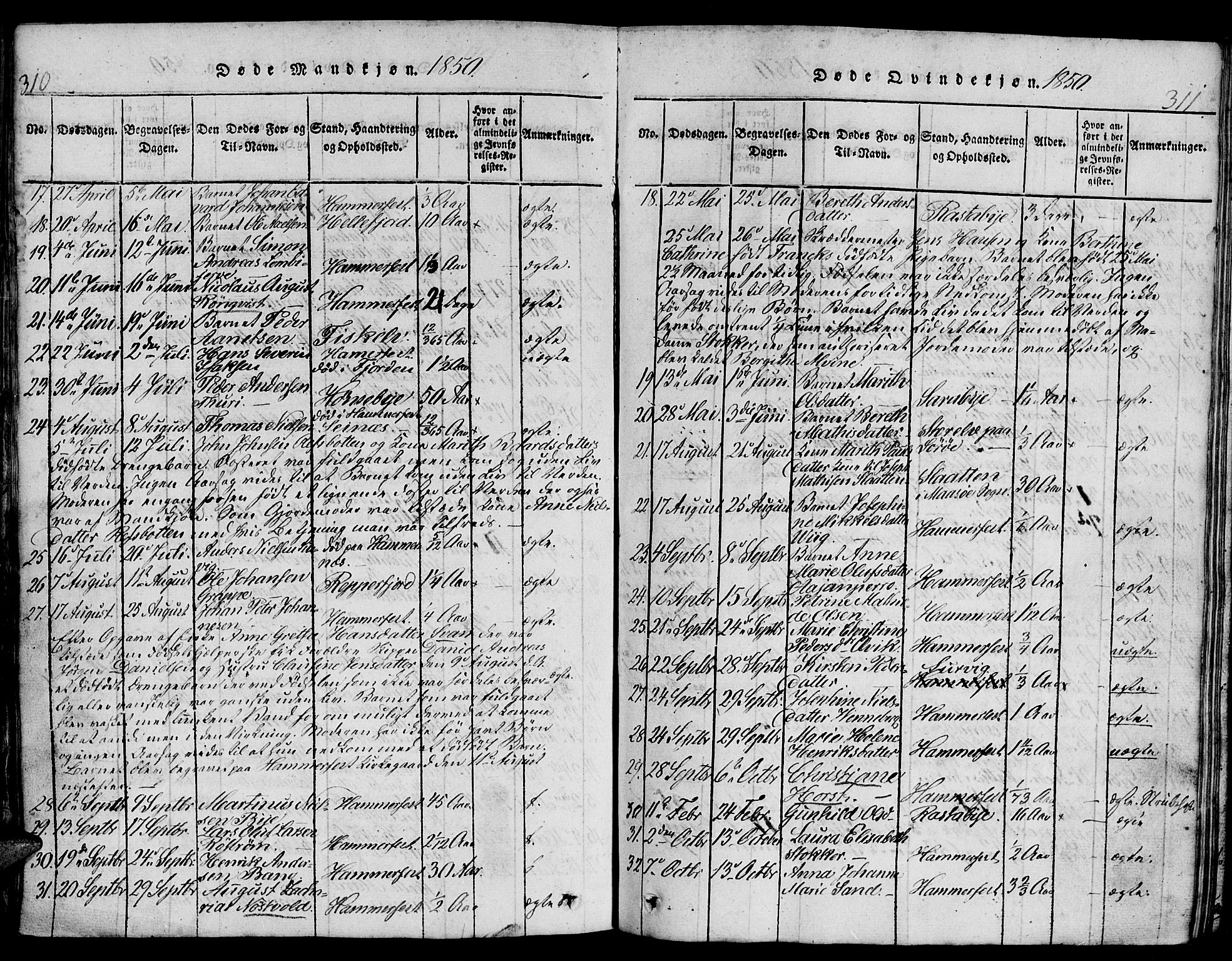 Hammerfest sokneprestkontor, AV/SATØ-S-1347/H/Hb/L0001.klokk: Klokkerbok nr. 1, 1822-1850, s. 310-311