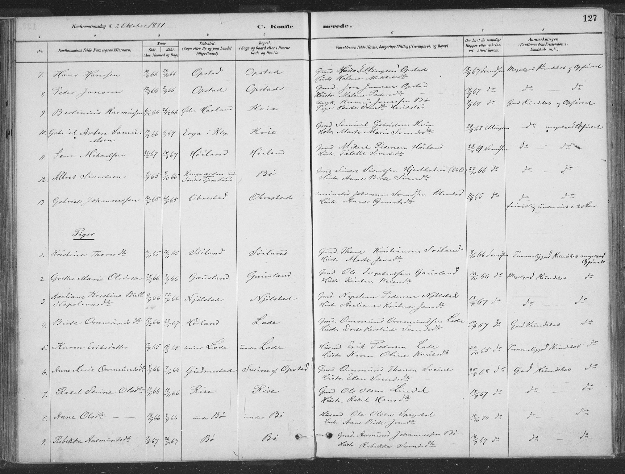 Hå sokneprestkontor, AV/SAST-A-101801/001/30BA/L0010: Ministerialbok nr. A 9, 1879-1896, s. 127