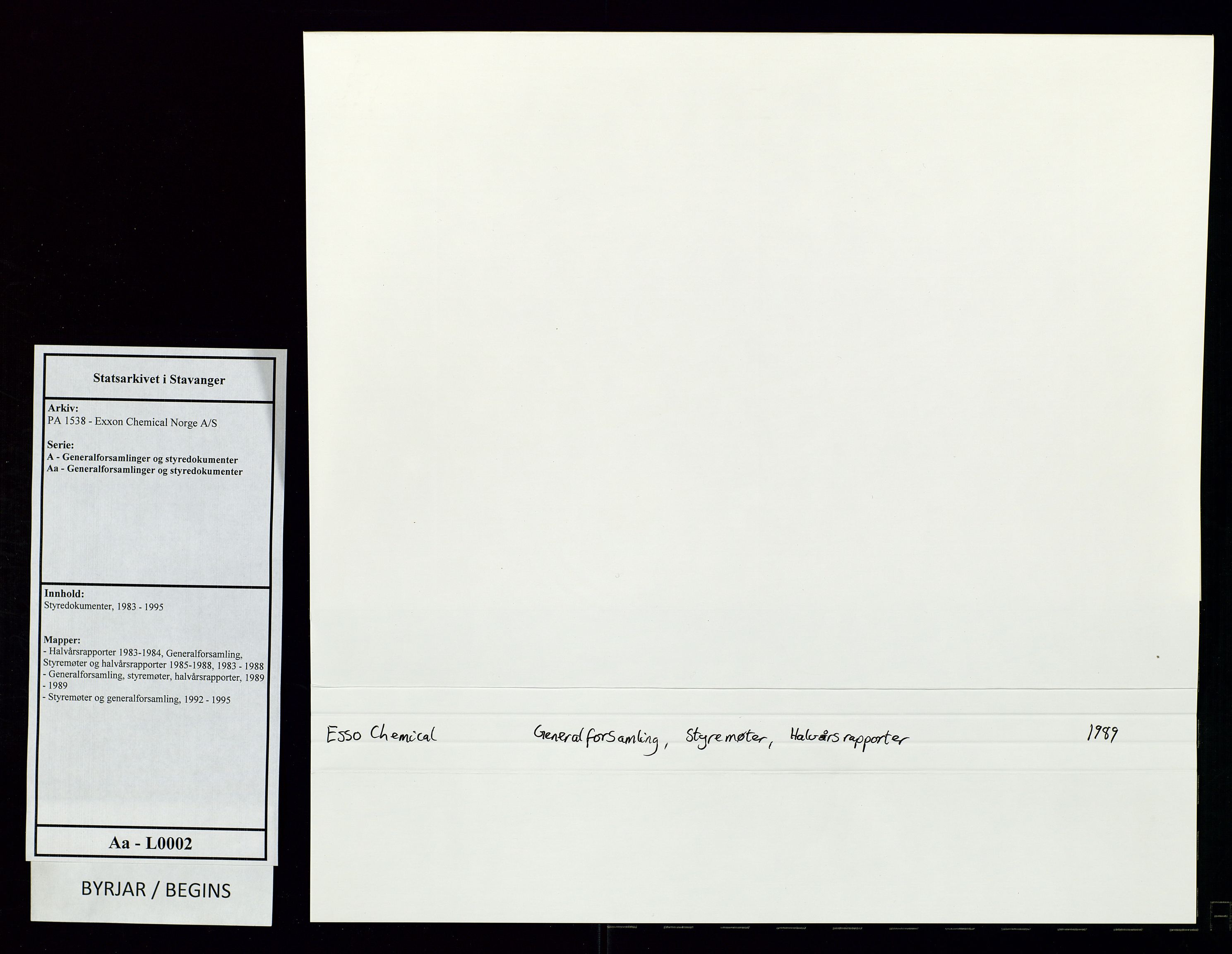 PA 1538 - Exxon Chemical Norge A/S, AV/SAST-A-101958/A/Aa/L0002/0002: Styredokumenter / Generalforsamling, styremøter, halvårsrapporter, 1989