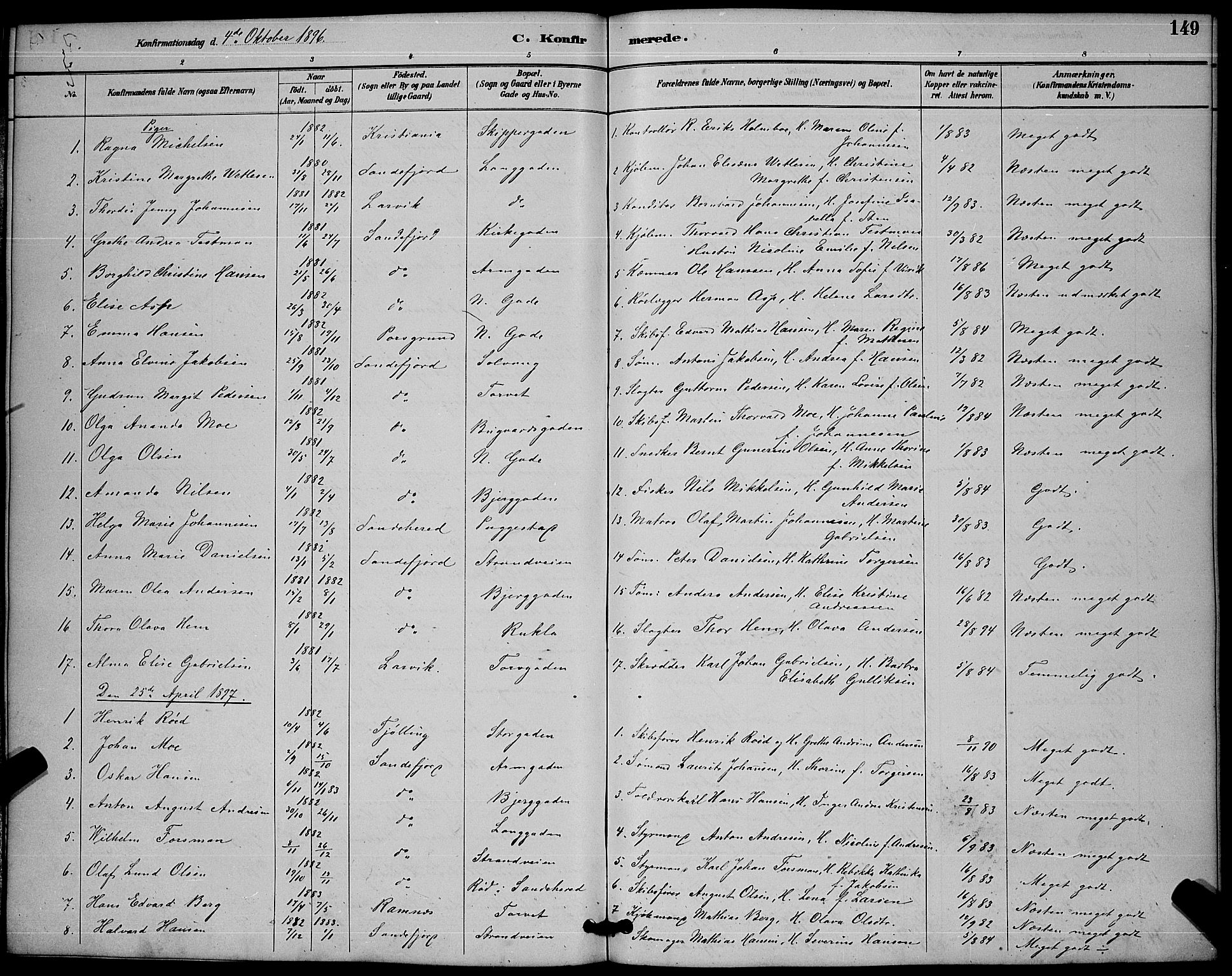 Sandefjord kirkebøker, AV/SAKO-A-315/G/Ga/L0001: Klokkerbok nr. 1, 1885-1903, s. 149