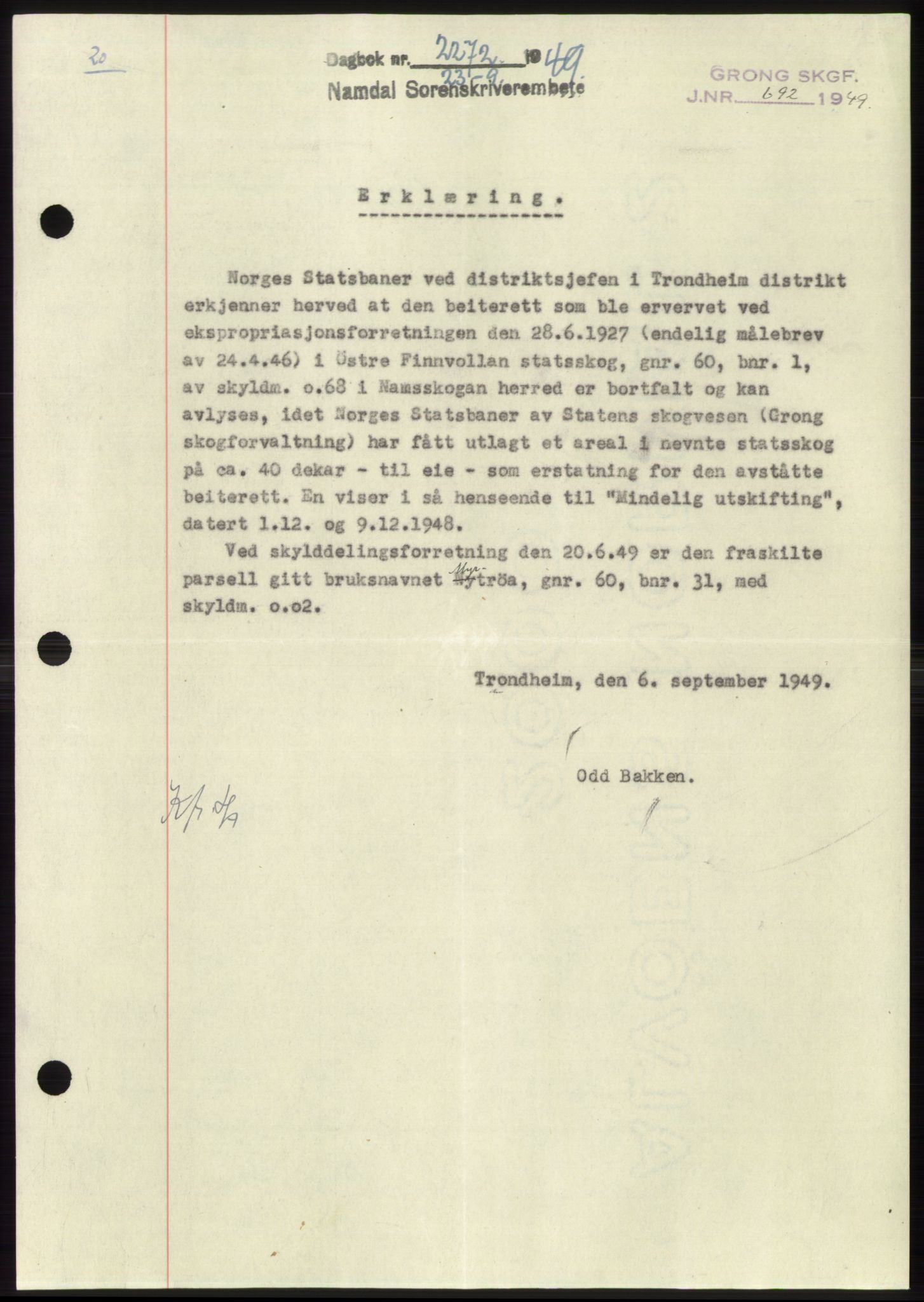 Namdal sorenskriveri, SAT/A-4133/1/2/2C: Pantebok nr. -, 1949-1949, Dagboknr: 2272/1949
