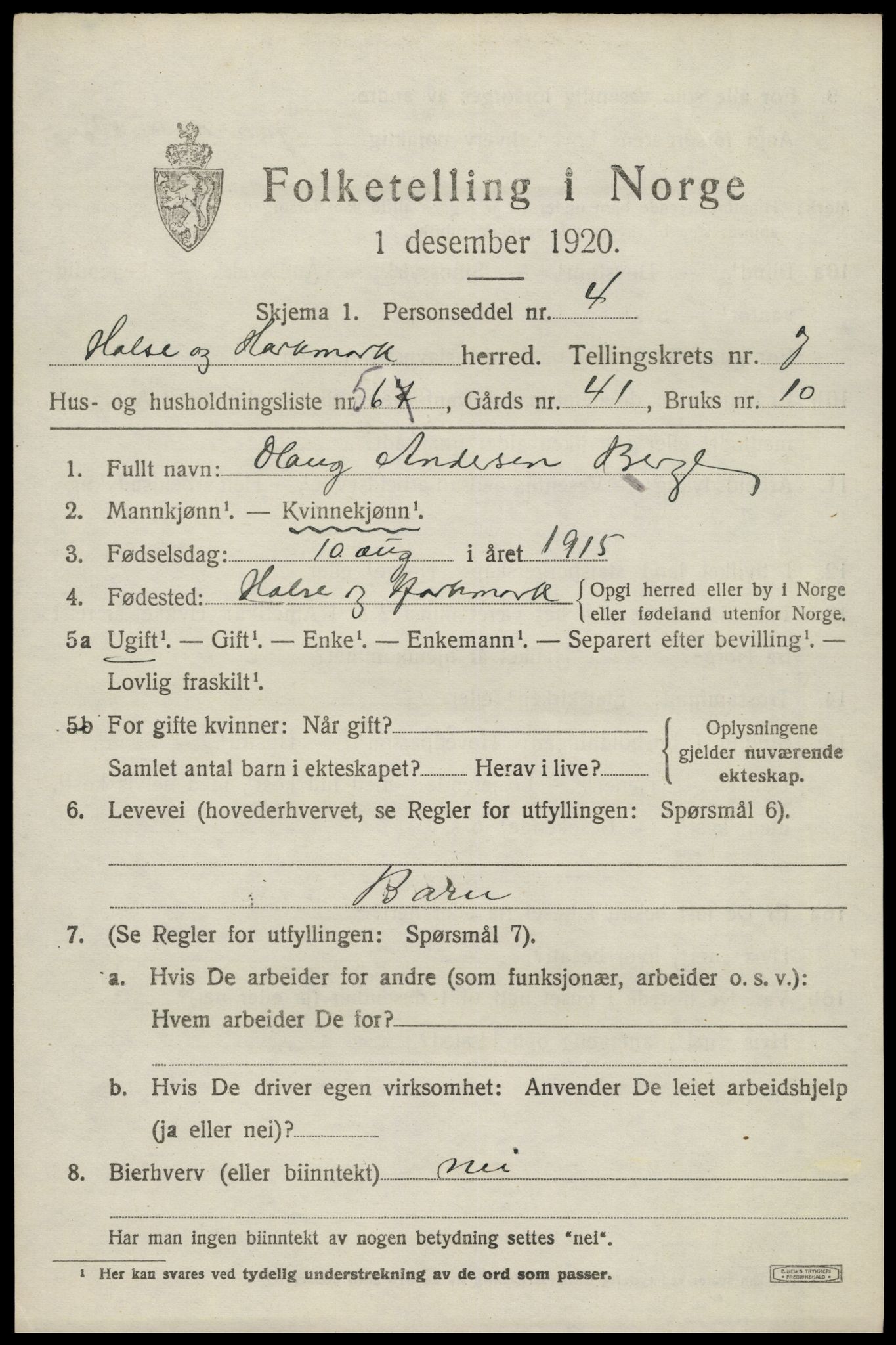 SAK, Folketelling 1920 for 1019 Halse og Harkmark herred, 1920, s. 4289