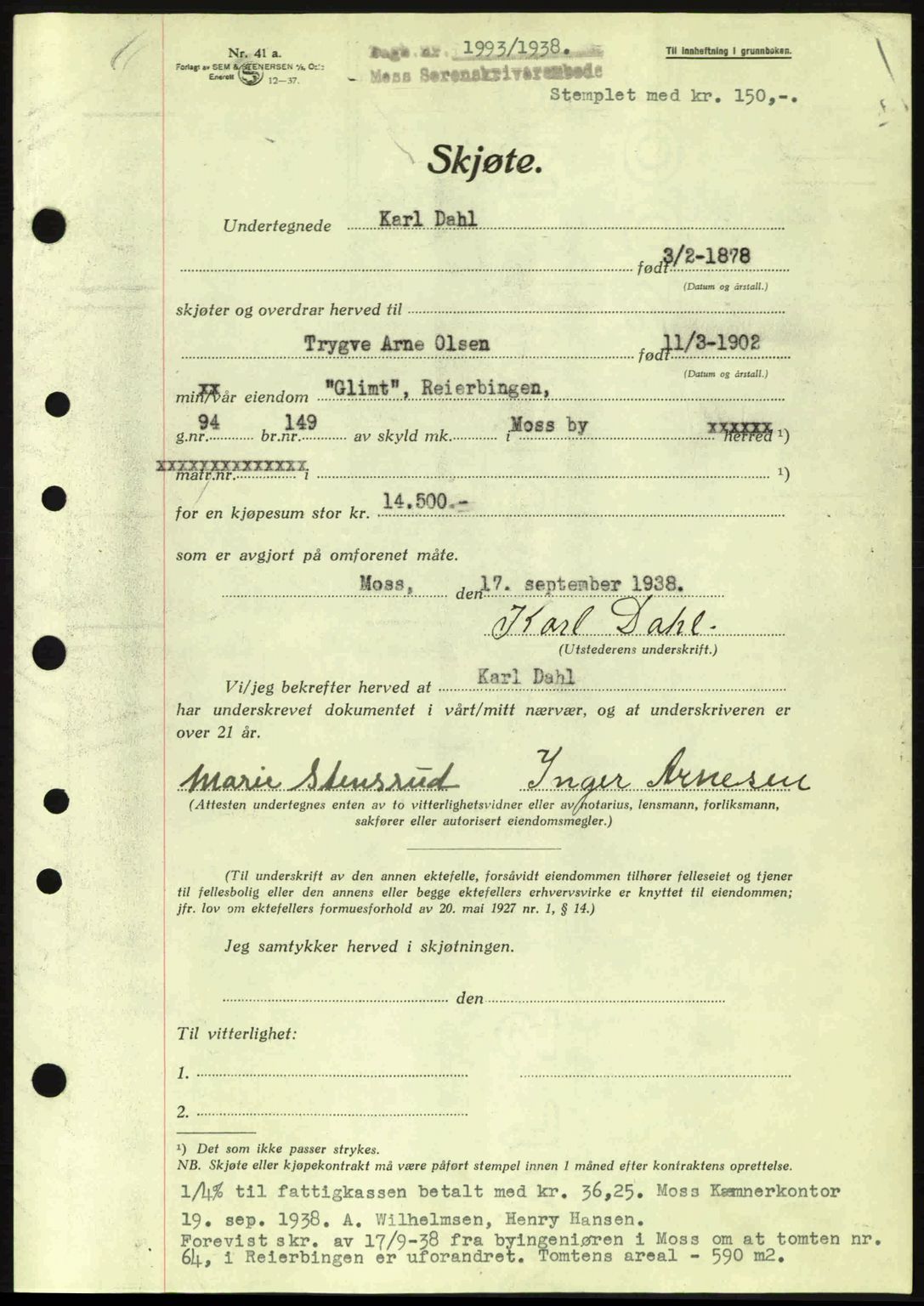 Moss sorenskriveri, SAO/A-10168: Pantebok nr. A4, 1938-1938, Dagboknr: 1993/1938