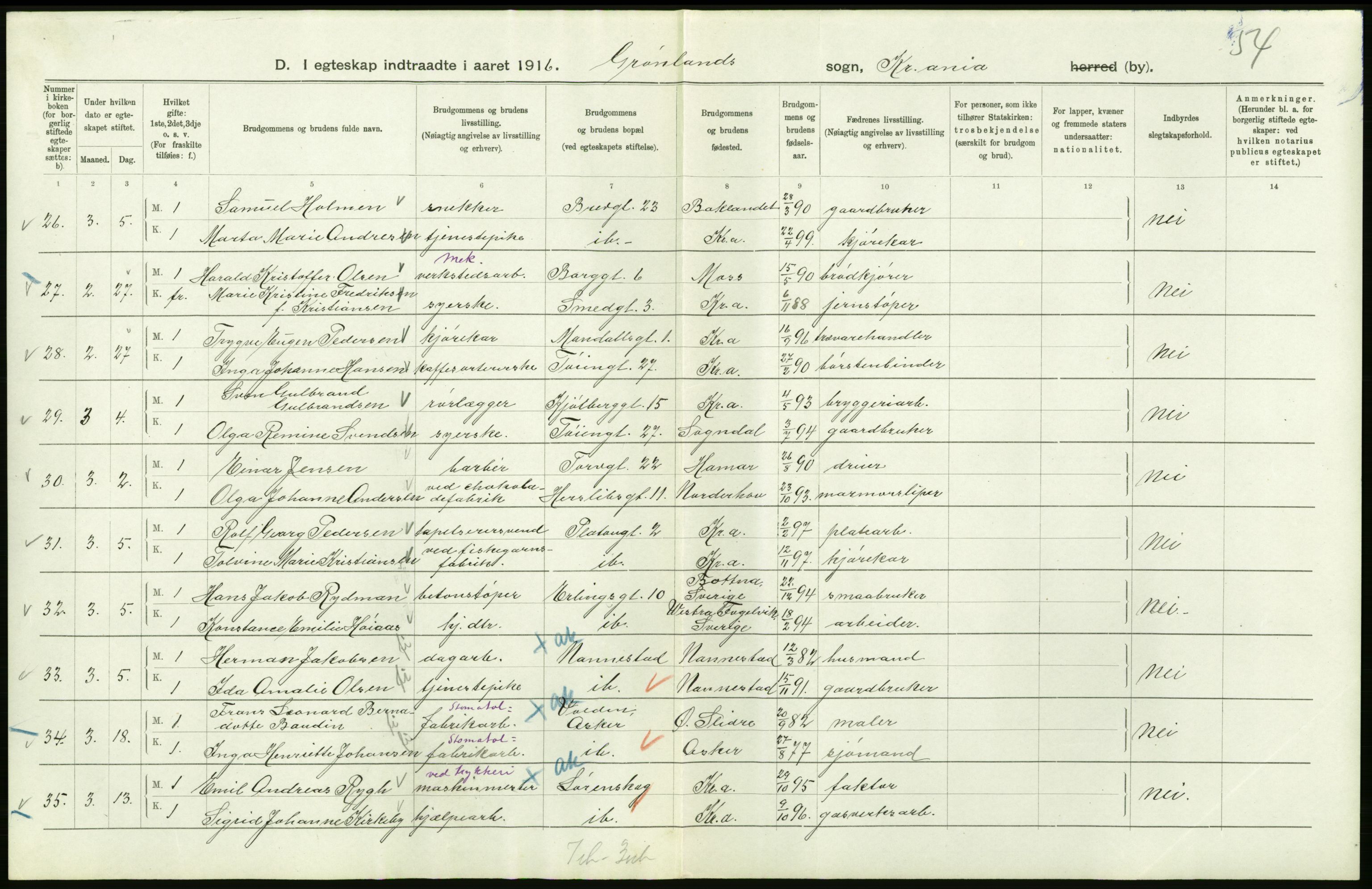 Statistisk sentralbyrå, Sosiodemografiske emner, Befolkning, AV/RA-S-2228/D/Df/Dfb/Dfbf/L0008: Kristiania: Gifte, 1916, s. 548