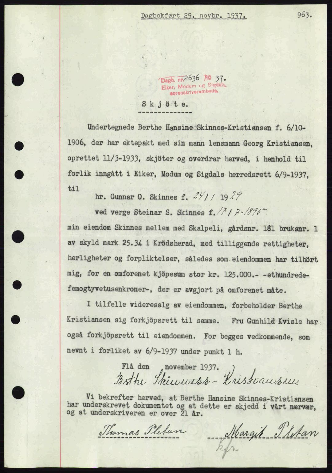 Eiker, Modum og Sigdal sorenskriveri, SAKO/A-123/G/Ga/Gab/L0036: Pantebok nr. A6, 1937-1937, Dagboknr: 2636/1937