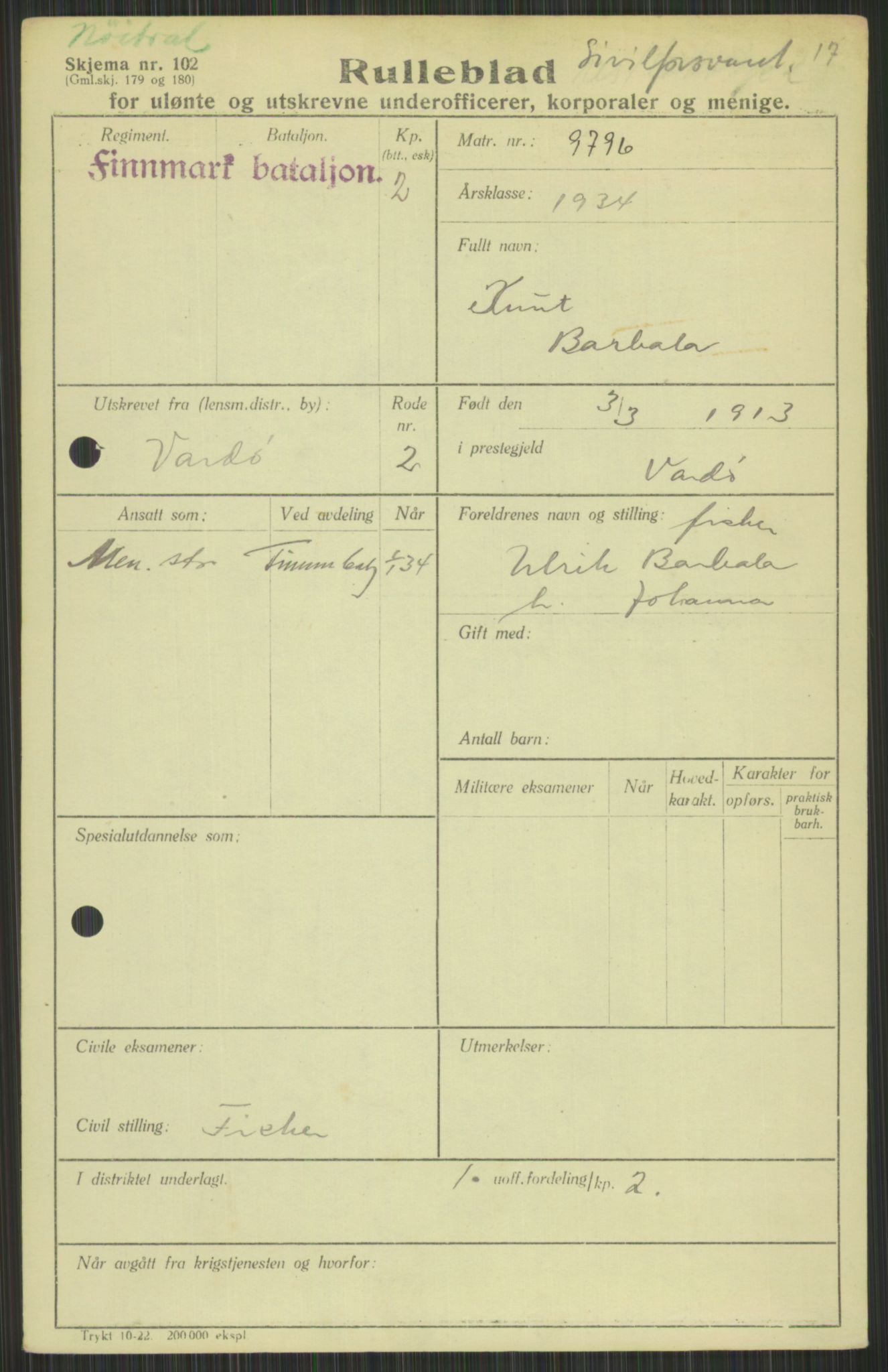 Forsvaret, Varanger bataljon, AV/RA-RAFA-2258/1/D/L0441: Rulleblad for fødte 1913-1917, 1913-1917, s. 19