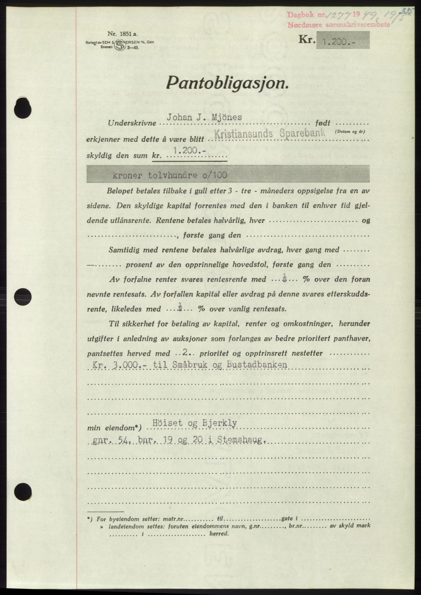 Nordmøre sorenskriveri, AV/SAT-A-4132/1/2/2Ca: Pantebok nr. B101, 1949-1949, Dagboknr: 1277/1949