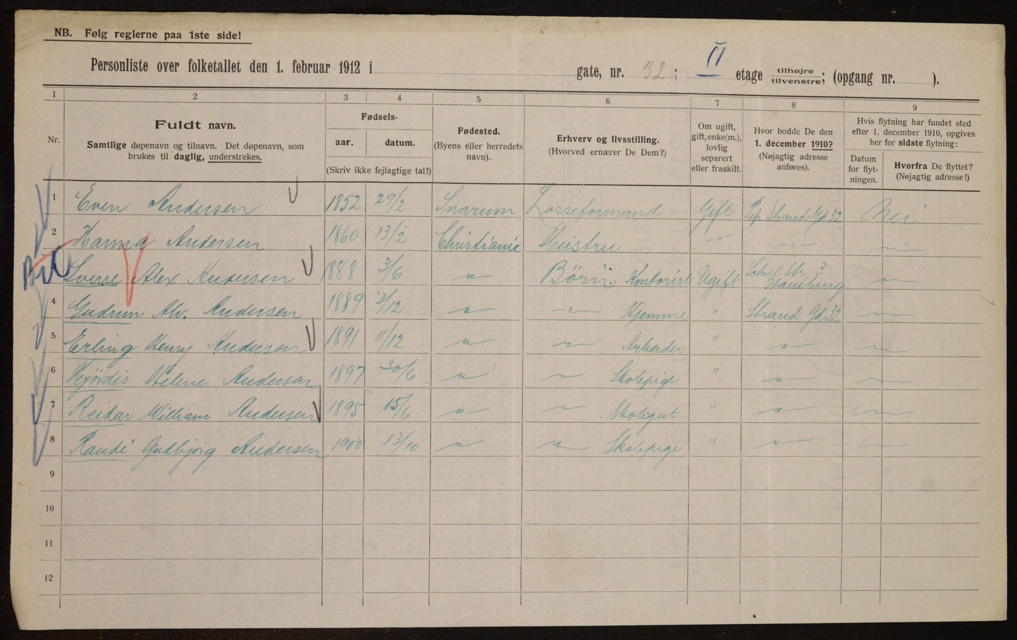 OBA, Kommunal folketelling 1.2.1912 for Kristiania, 1912, s. 103936