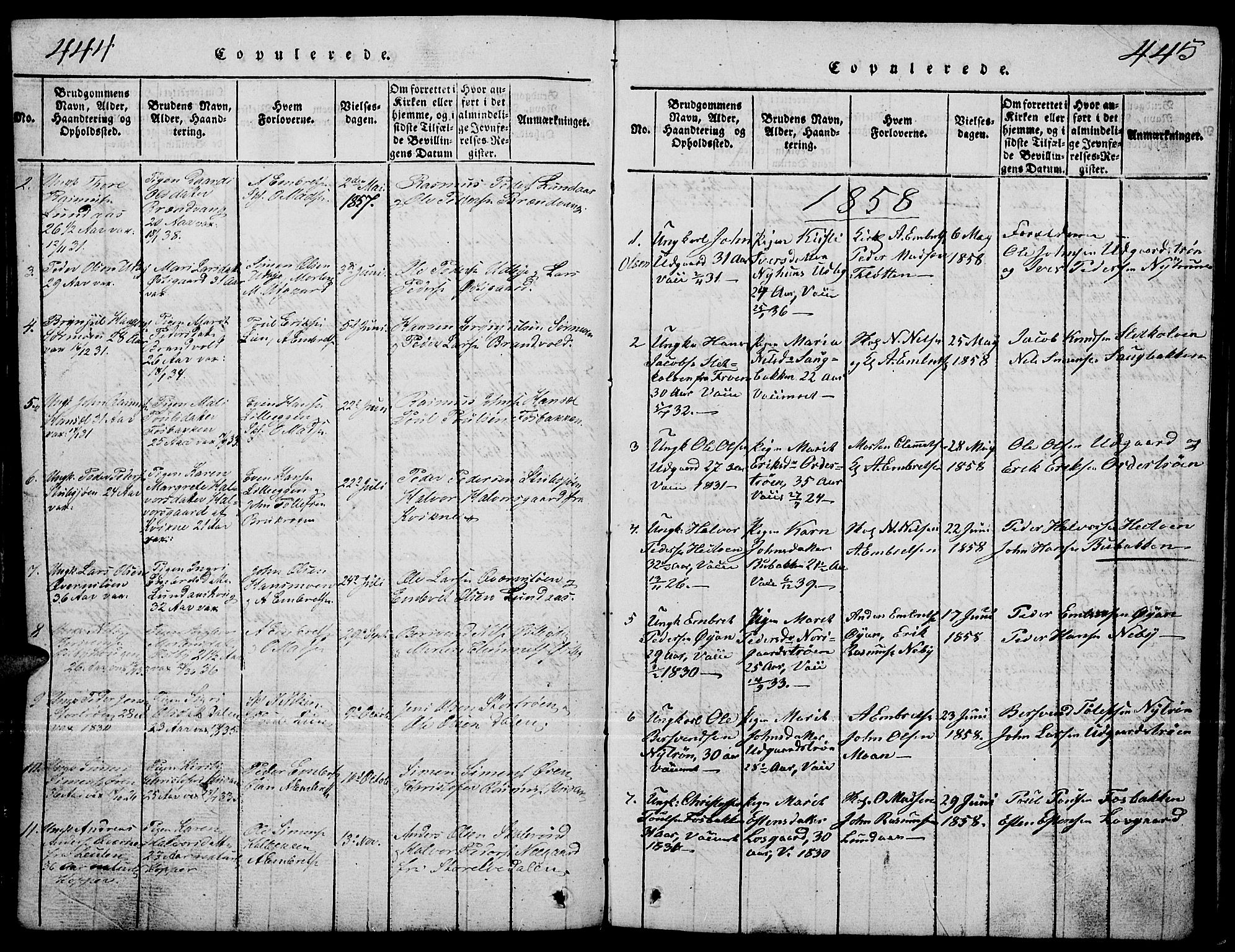 Tynset prestekontor, SAH/PREST-058/H/Ha/Hab/L0001: Klokkerbok nr. 1, 1814-1859, s. 444-445