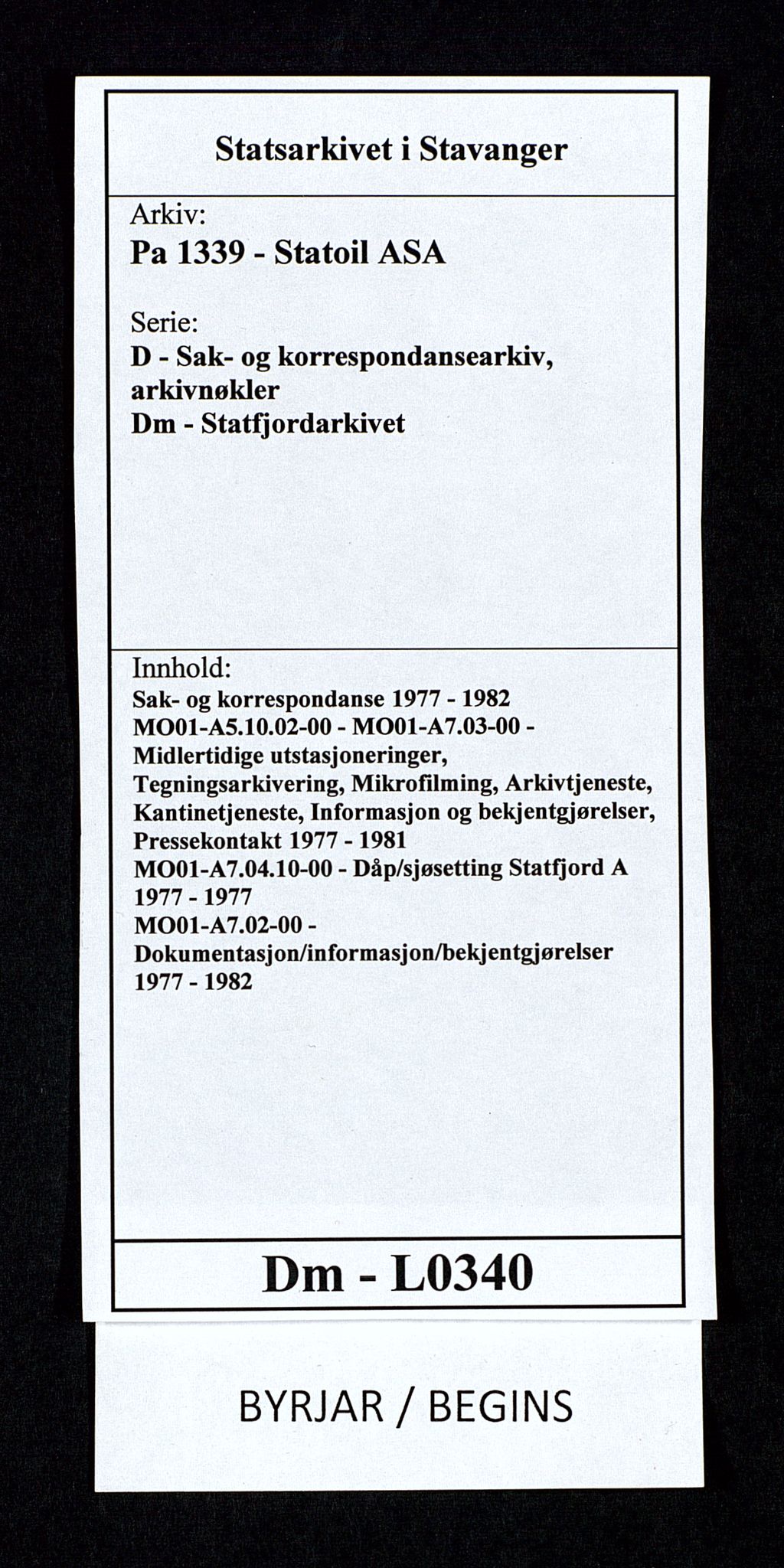 Pa 1339 - Statoil ASA, SAST/A-101656/0001/D/Dm/L0340: Sak- og korrespondanse, 1977-1982, s. 1