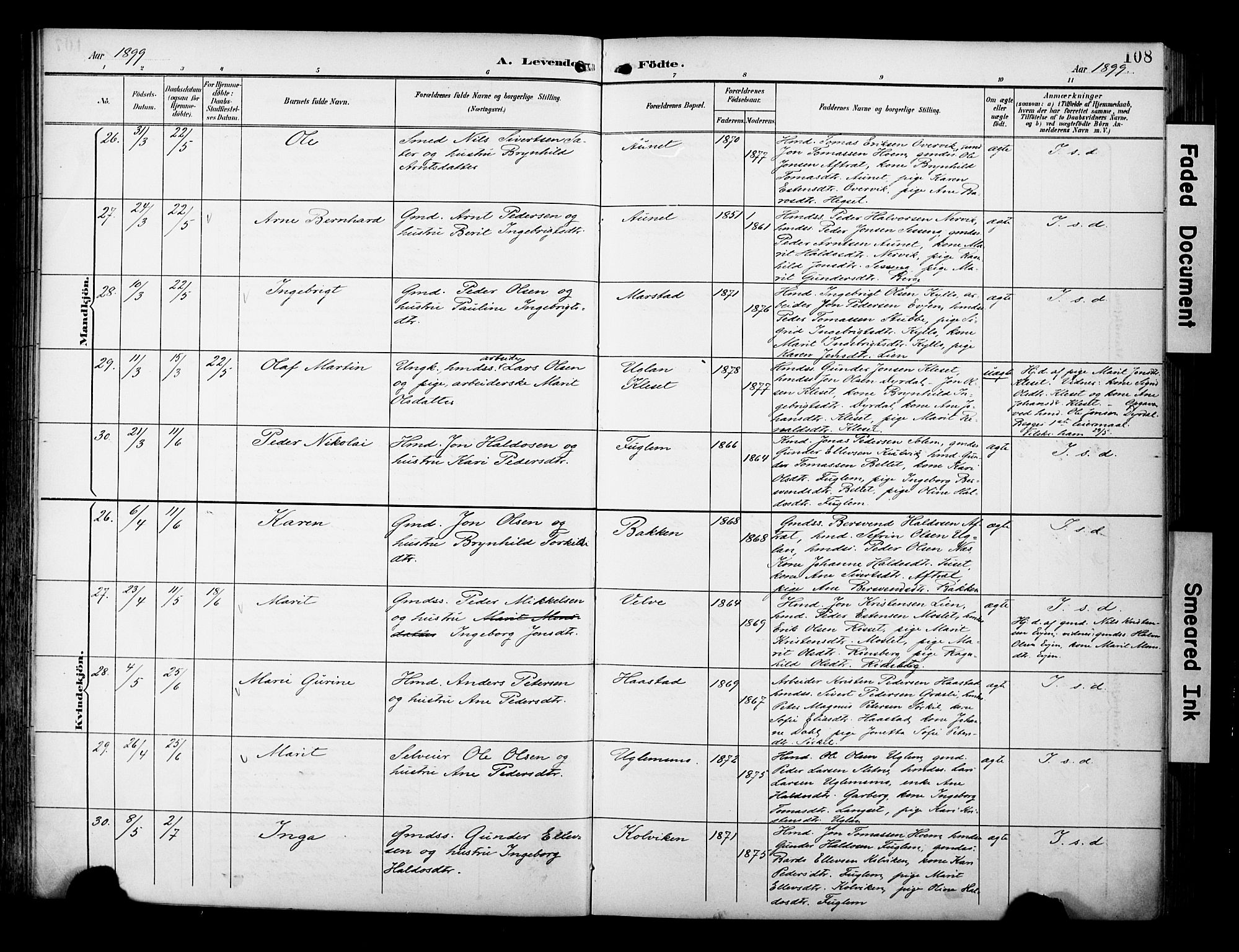 Ministerialprotokoller, klokkerbøker og fødselsregistre - Sør-Trøndelag, AV/SAT-A-1456/695/L1149: Ministerialbok nr. 695A09, 1891-1902, s. 108