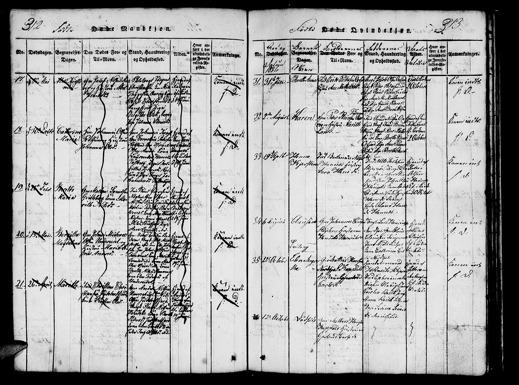 Skjervøy sokneprestkontor, AV/SATØ-S-1300/H/Ha/Hab/L0001klokker: Klokkerbok nr. 1, 1825-1838, s. 312-313