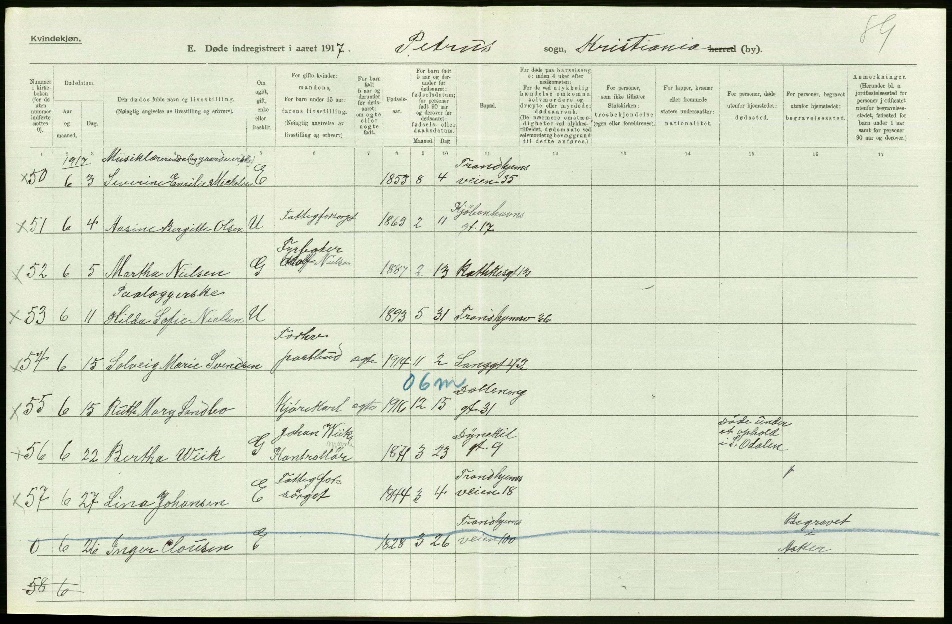 Statistisk sentralbyrå, Sosiodemografiske emner, Befolkning, AV/RA-S-2228/D/Df/Dfb/Dfbg/L0010: Kristiania: Døde, 1917, s. 224