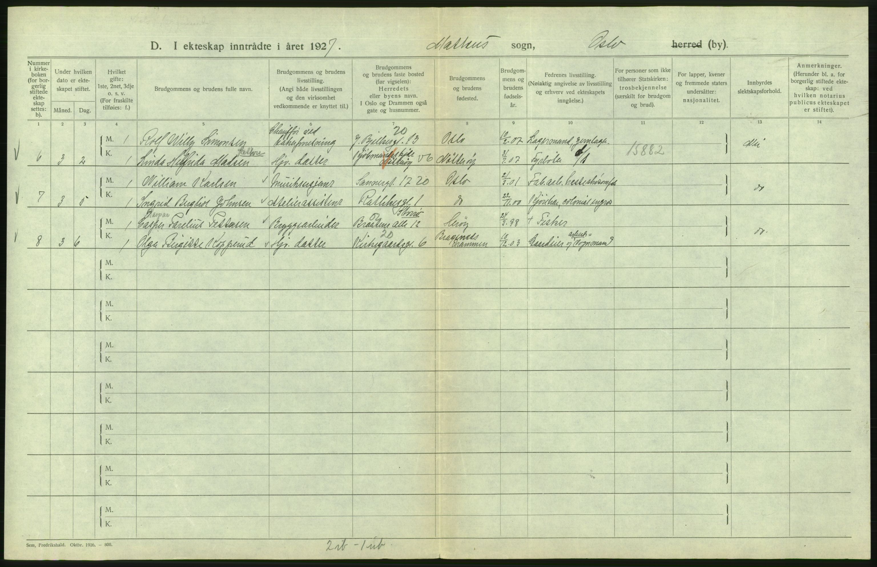 Statistisk sentralbyrå, Sosiodemografiske emner, Befolkning, AV/RA-S-2228/D/Df/Dfc/Dfcg/L0008: Oslo: Gifte, 1927, s. 782