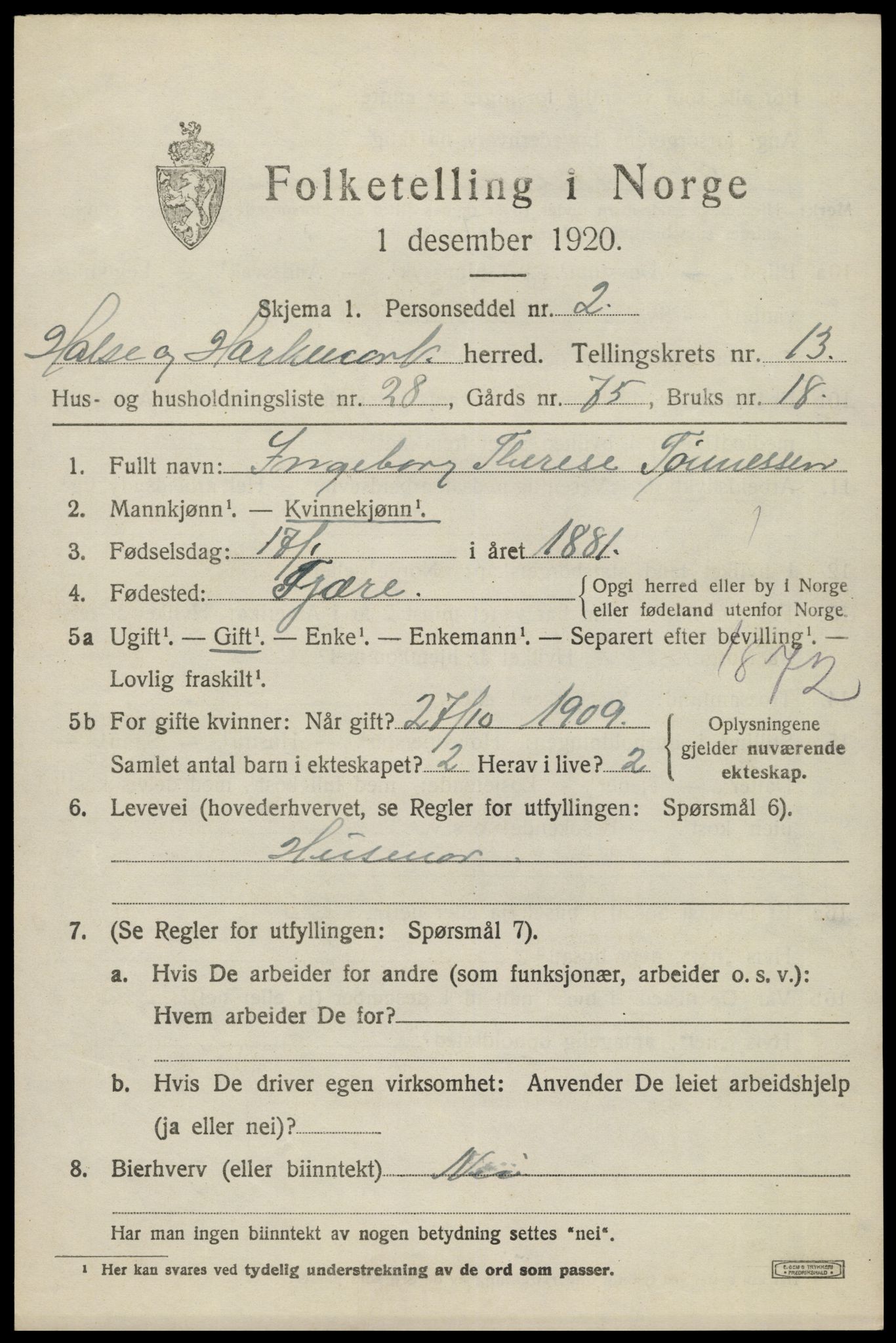 SAK, Folketelling 1920 for 1019 Halse og Harkmark herred, 1920, s. 7239