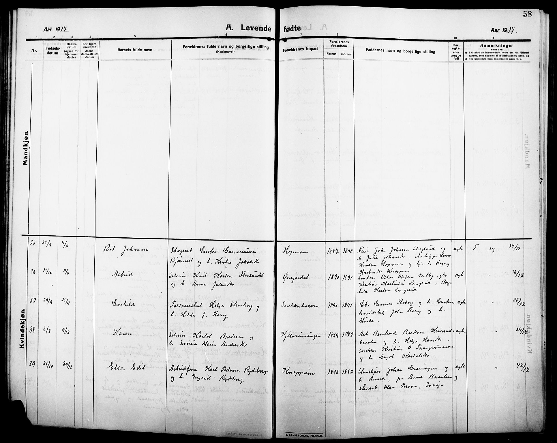 Åsnes prestekontor, AV/SAH-PREST-042/H/Ha/Hab/L0007: Klokkerbok nr. 7, 1909-1926, s. 58