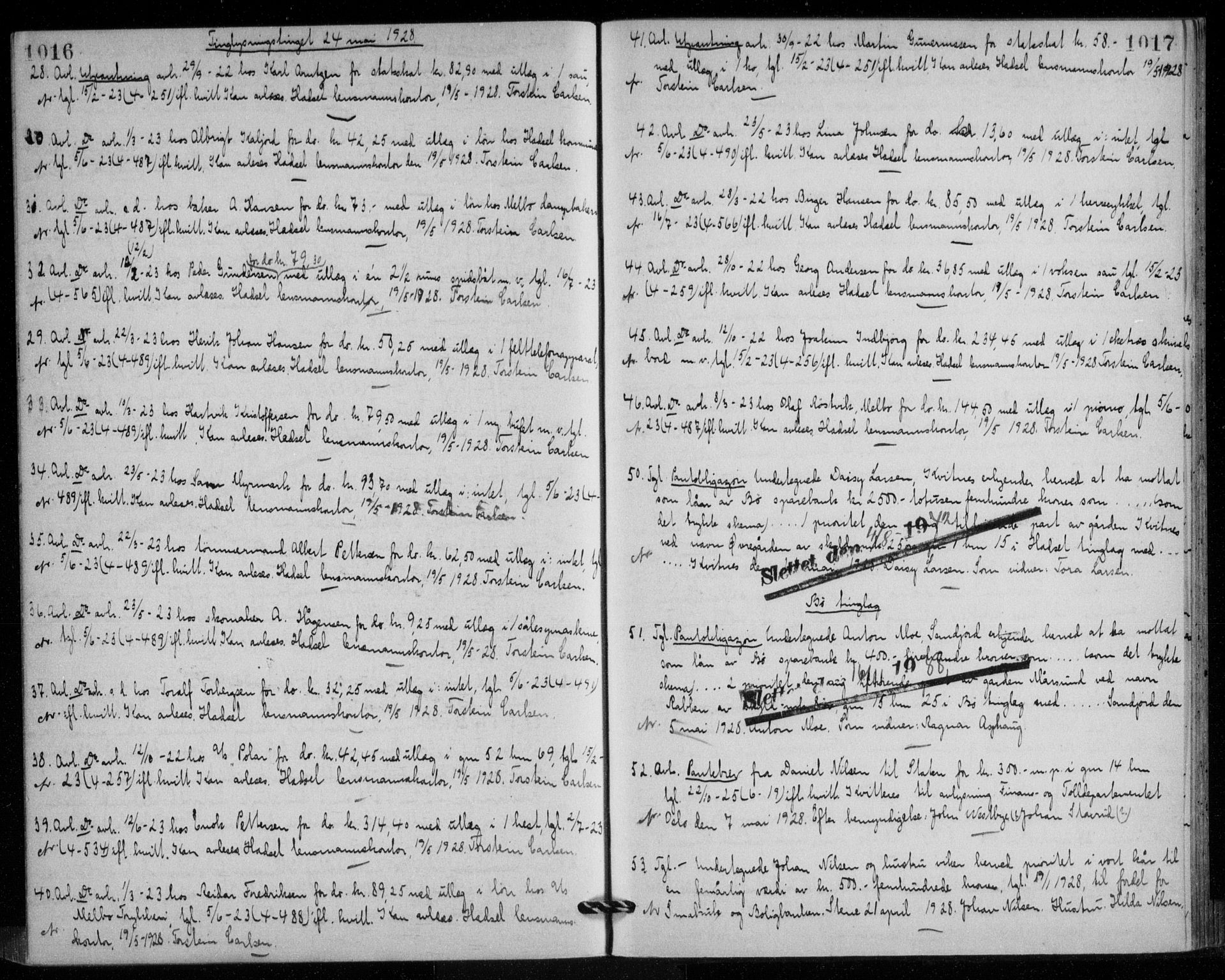 Vesterålen sorenskriveri, SAT/A-4180/1/2/2Ca/L0041: Pantebok nr. 6, 1925-1928, s. 1016-1017, Tingl.dato: 24.05.1928