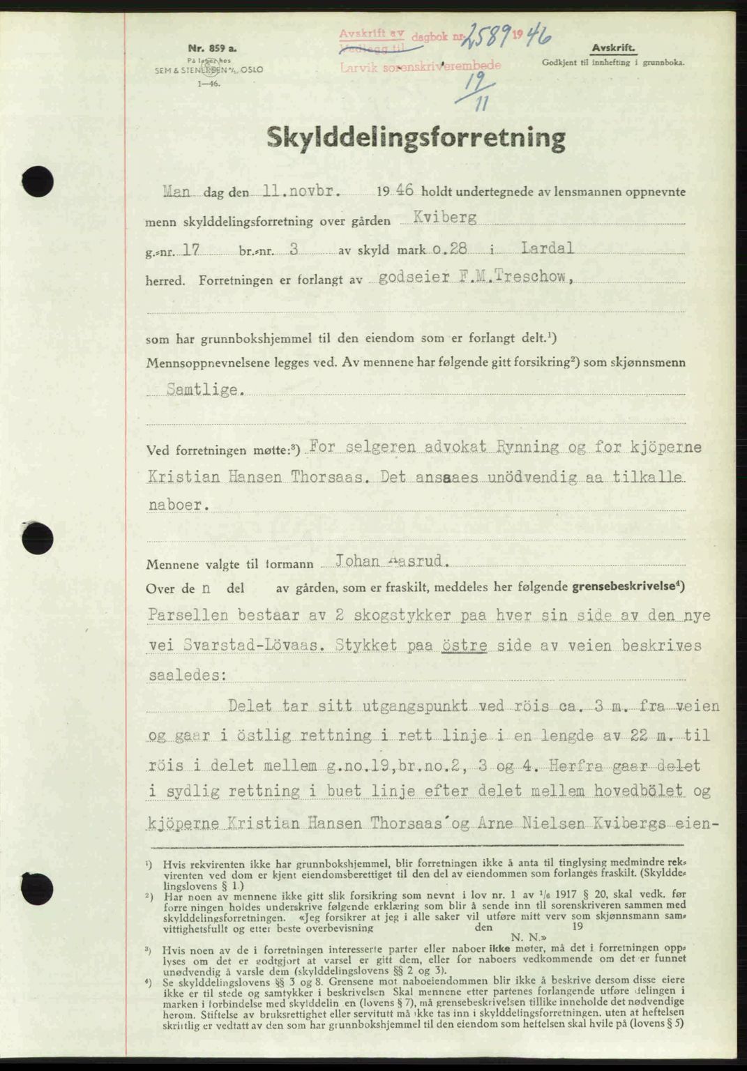 Larvik sorenskriveri, SAKO/A-83/G/Ga/Gab/L0083: Pantebok nr. A-17, 1946-1947, Dagboknr: 2589/1946