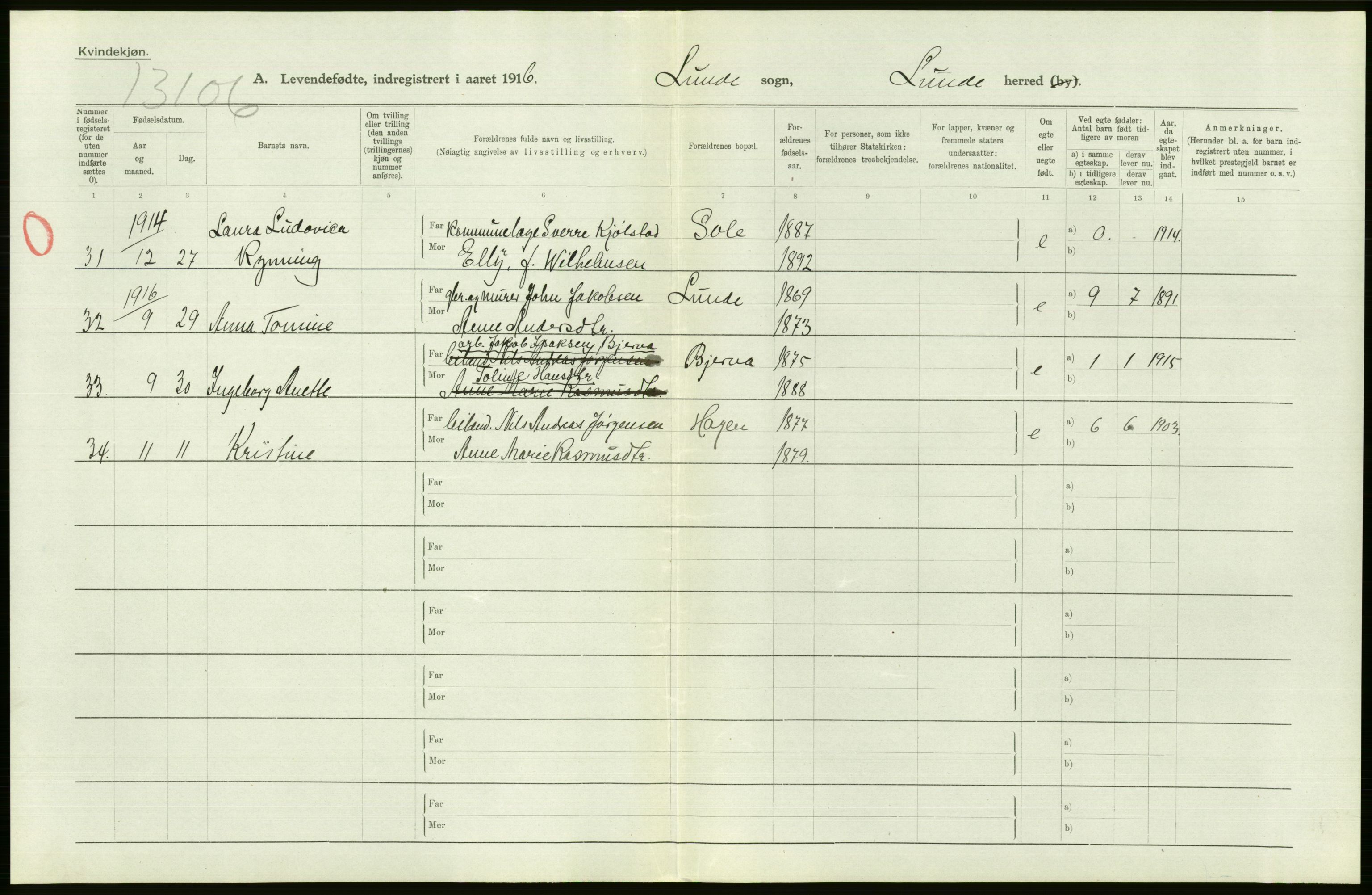 Statistisk sentralbyrå, Sosiodemografiske emner, Befolkning, AV/RA-S-2228/D/Df/Dfb/Dfbf/L0022: Bratsberg amt: Levendefødte menn og kvinner. Bygder., 1916, s. 306