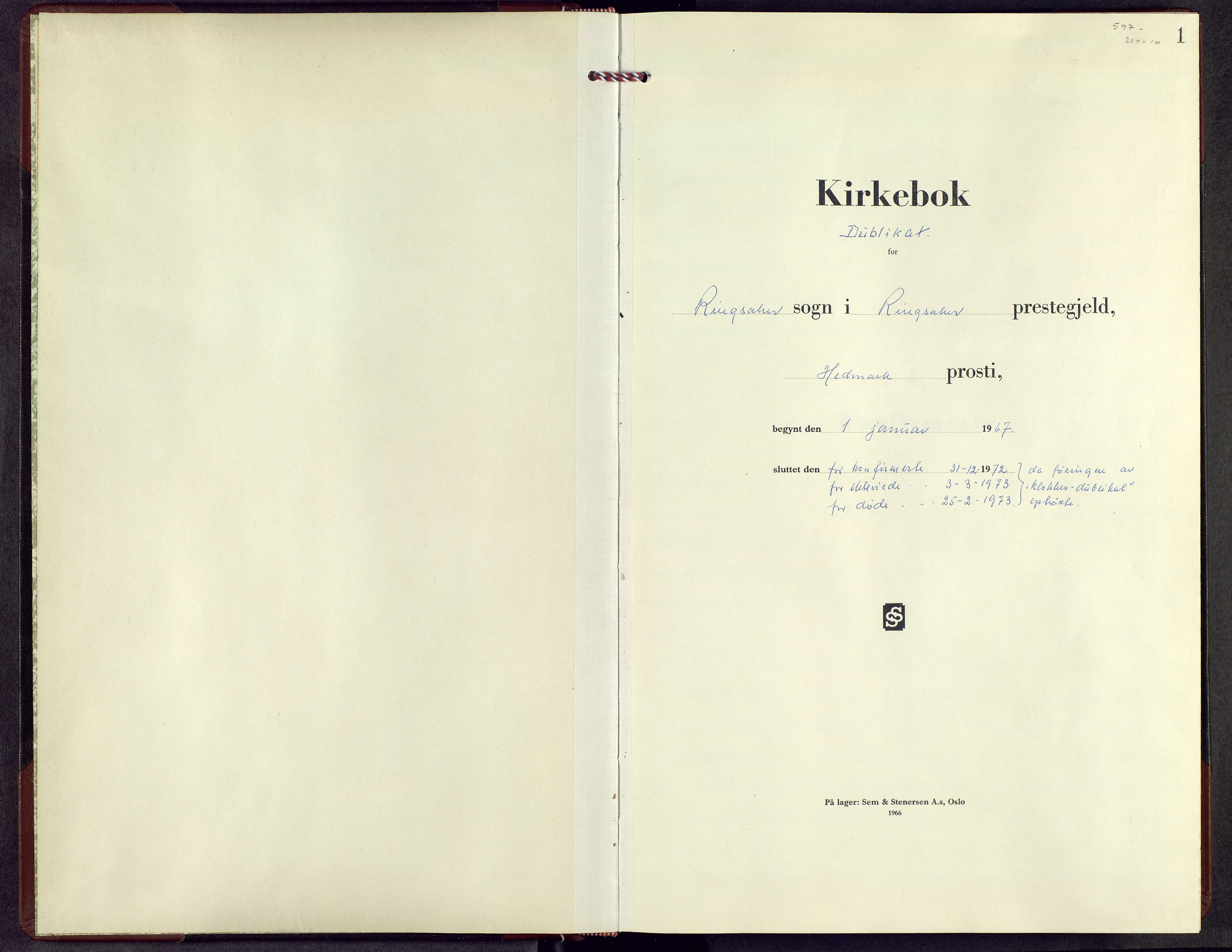 Ringsaker prestekontor, AV/SAH-PREST-014/L/La/L0024: Klokkerbok nr. 24, 1967-1973, s. 1