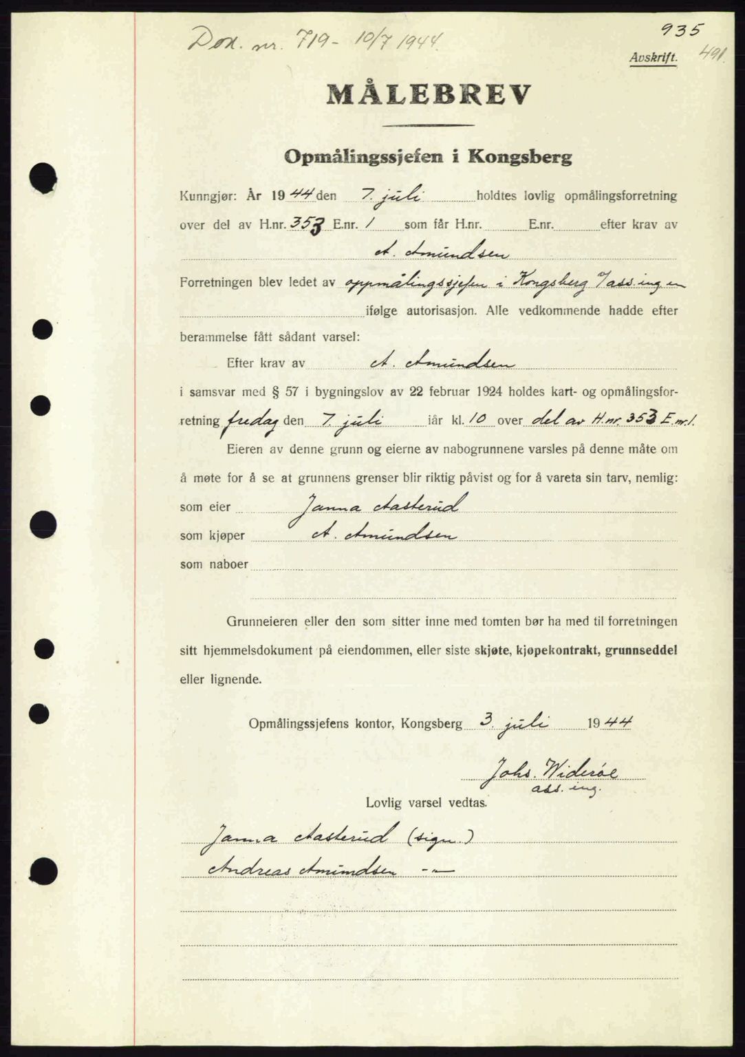 Numedal og Sandsvær sorenskriveri, SAKO/A-128/G/Ga/Gaa/L0055: Pantebok nr. A7, 1943-1944, Dagboknr: 719/1944