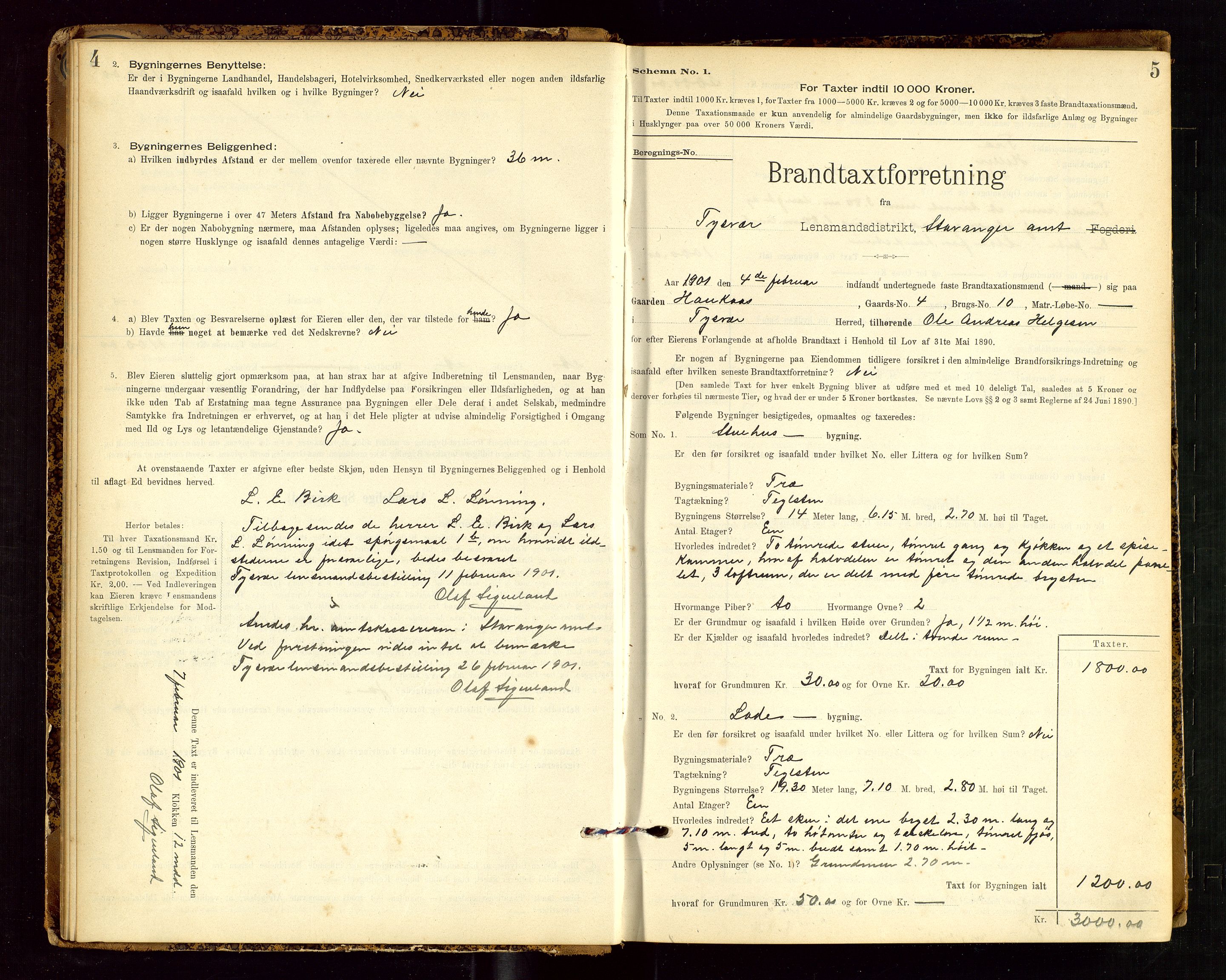 Tysvær lensmannskontor, AV/SAST-A-100192/Gob/L0002: "Brandtakstprotokol for Lensmanden i Tysvær", 1901-1932, s. 4-5