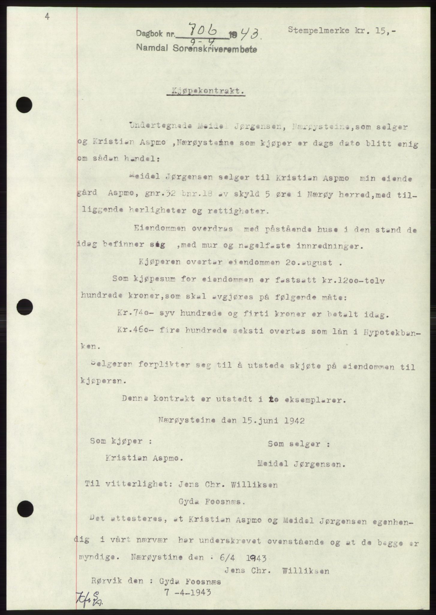 Namdal sorenskriveri, SAT/A-4133/1/2/2C: Pantebok nr. -, 1942-1943, Dagboknr: 706/1943