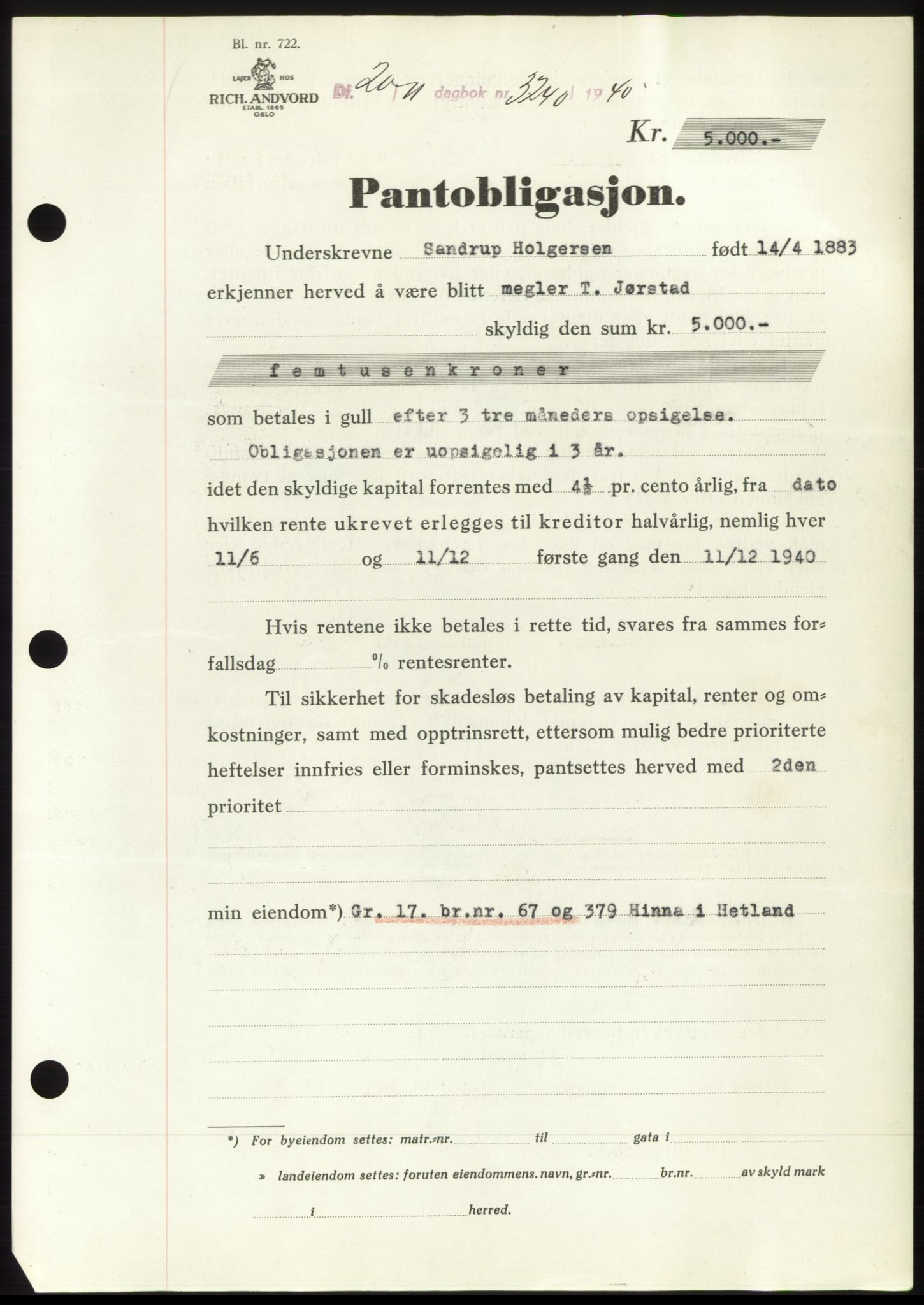 Jæren sorenskriveri, SAST/A-100310/03/G/Gba/L0078: Pantebok, 1940-1940, Dagboknr: 3240/1940