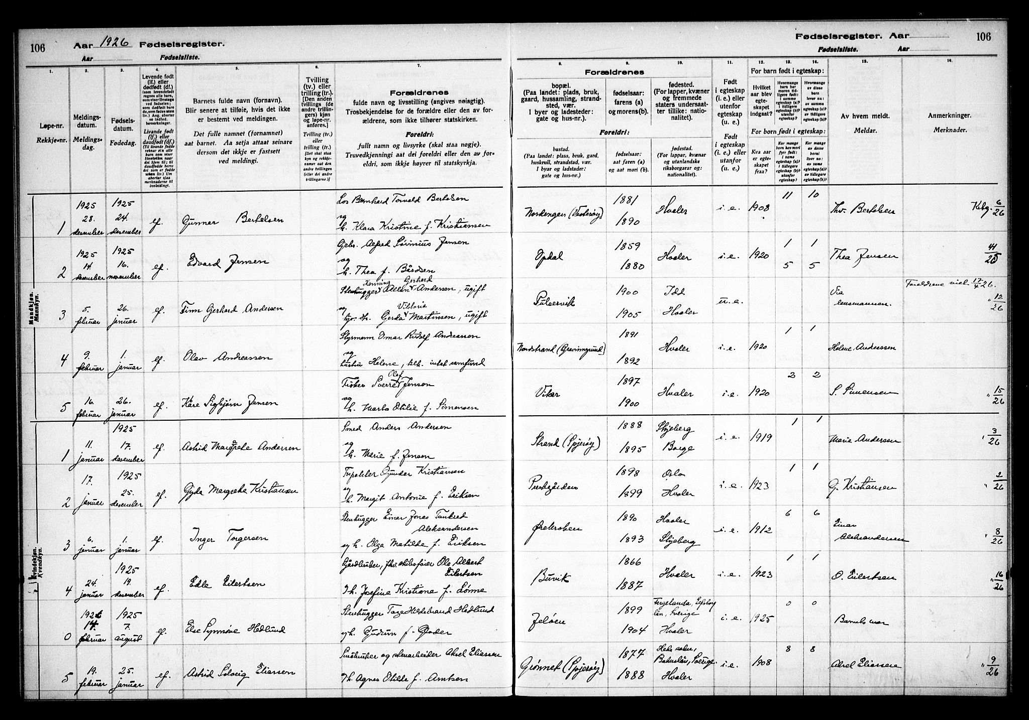 Hvaler prestekontor Kirkebøker, AV/SAO-A-2001/J/Ja/L0001: Fødselsregister nr. I 1, 1916-1938, s. 106