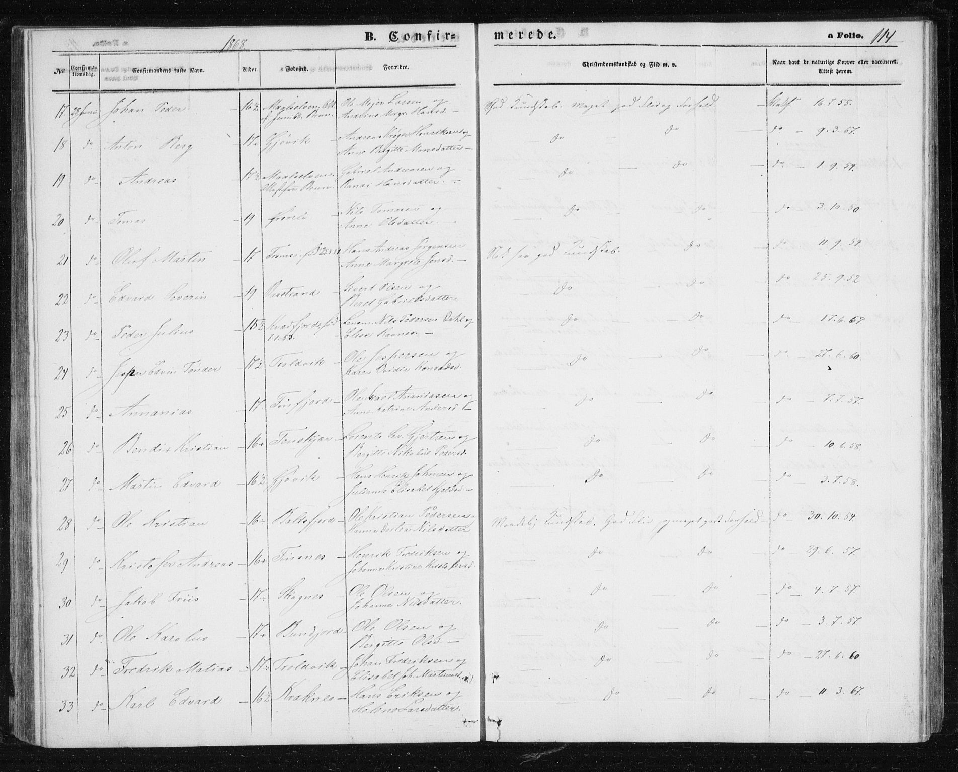 Lenvik sokneprestembete, SATØ/S-1310/H/Ha/Hab/L0004klokker: Klokkerbok nr. 4, 1859-1869, s. 114