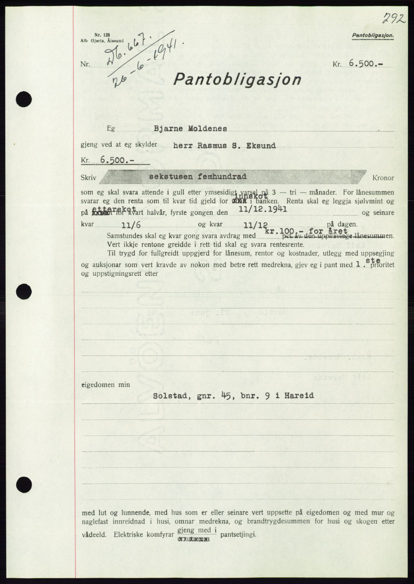 Søre Sunnmøre sorenskriveri, AV/SAT-A-4122/1/2/2C/L0071: Pantebok nr. 65, 1941-1941, Dagboknr: 667/1941