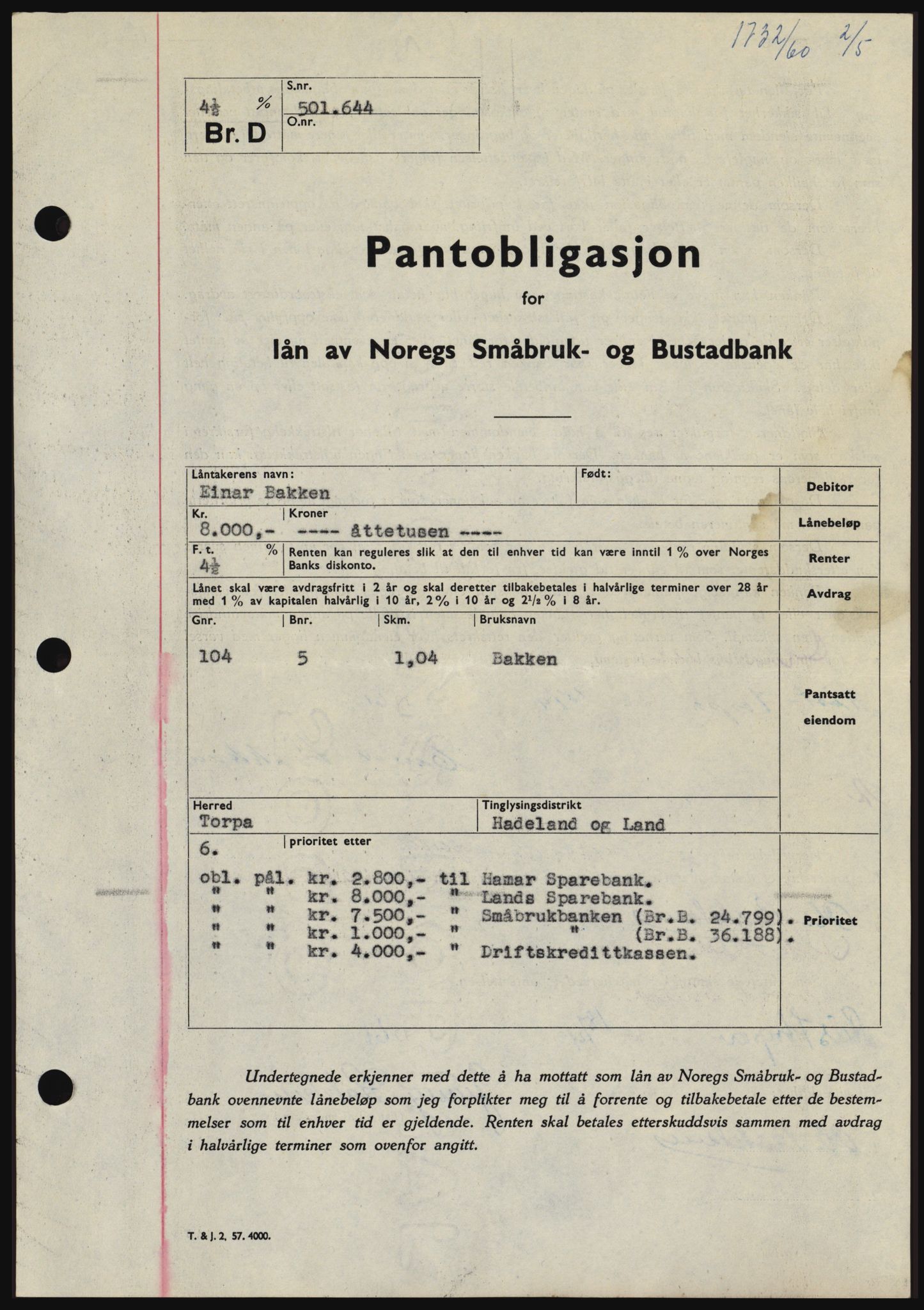Hadeland og Land tingrett, SAH/TING-010/H/Hb/Hbc/L0045: Pantebok nr. B45, 1961-1961, Dagboknr: 1732/1961