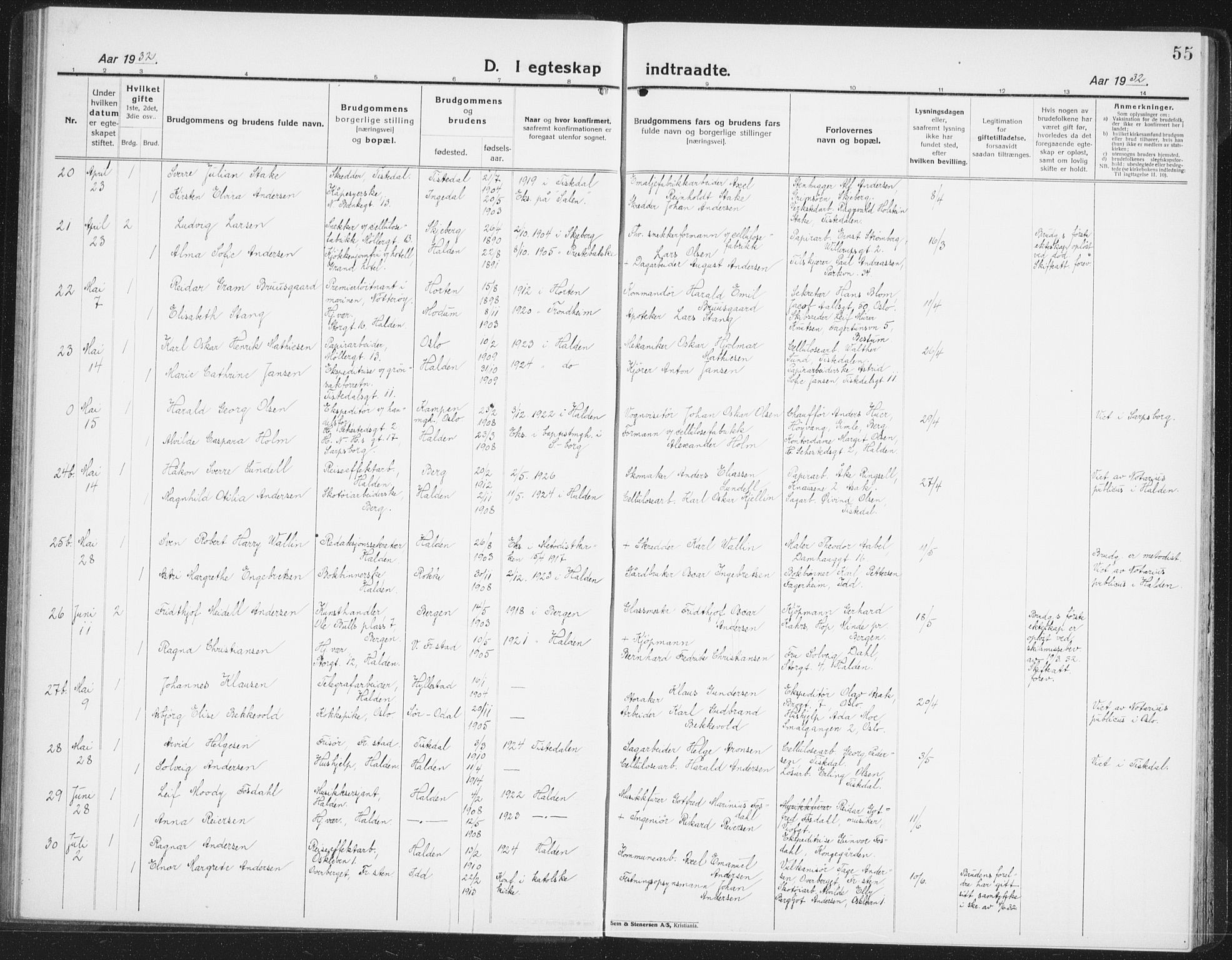 Halden prestekontor Kirkebøker, SAO/A-10909/G/Ga/L0014: Klokkerbok nr. 14, 1925-1943, s. 55