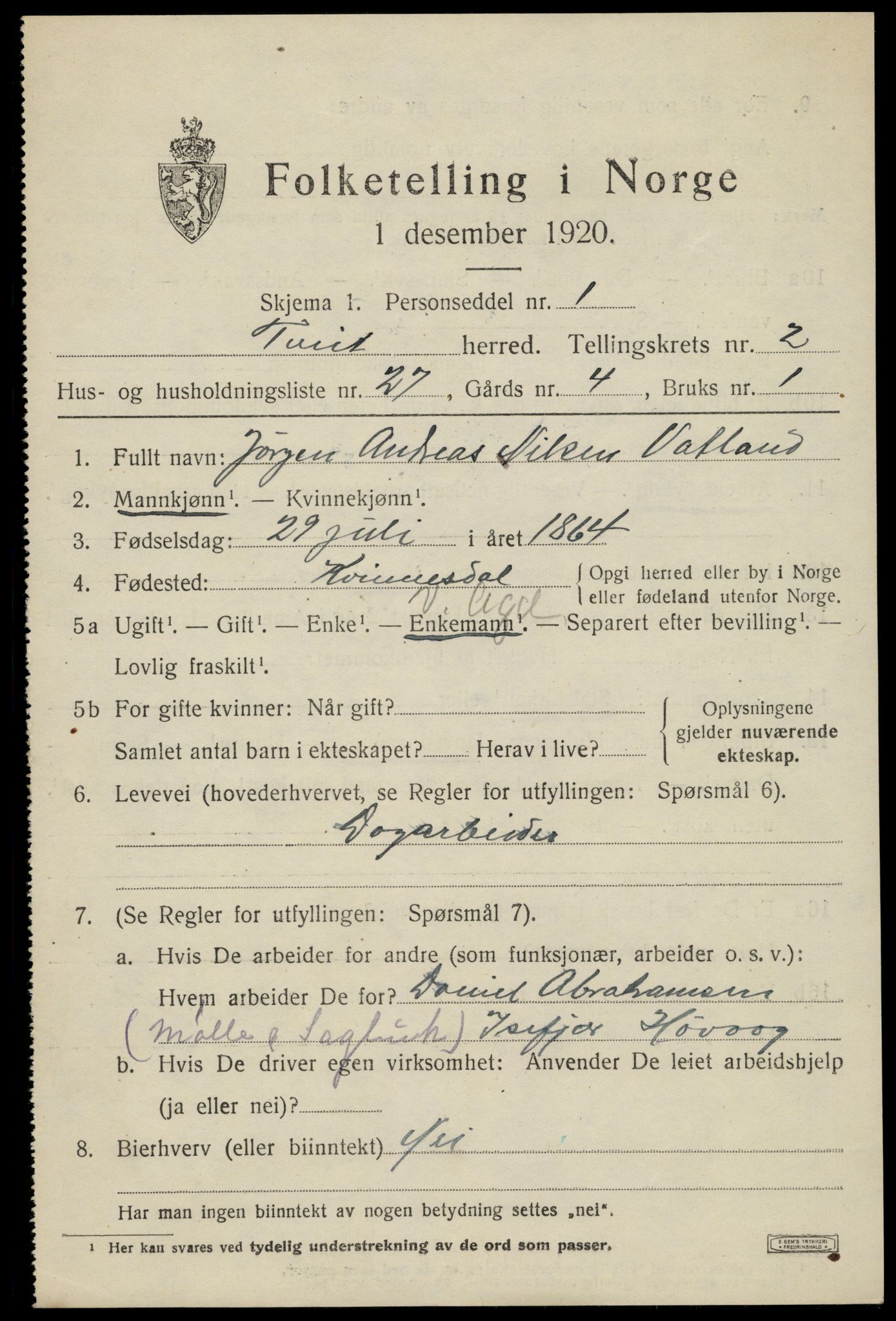 SAK, Folketelling 1920 for 1013 Tveit herred, 1920, s. 1458