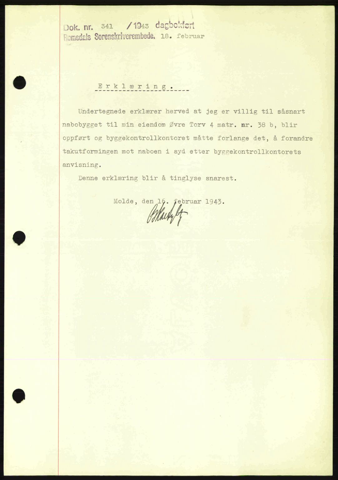 Romsdal sorenskriveri, SAT/A-4149/1/2/2C: Pantebok nr. B2, 1939-1945, Dagboknr: 341/1943